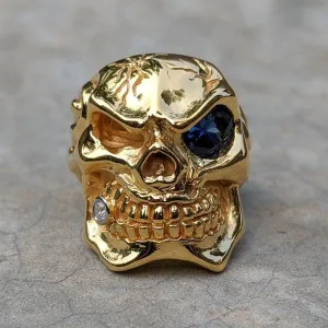 Micron Yellow Gold Blue Eye Skull Ring