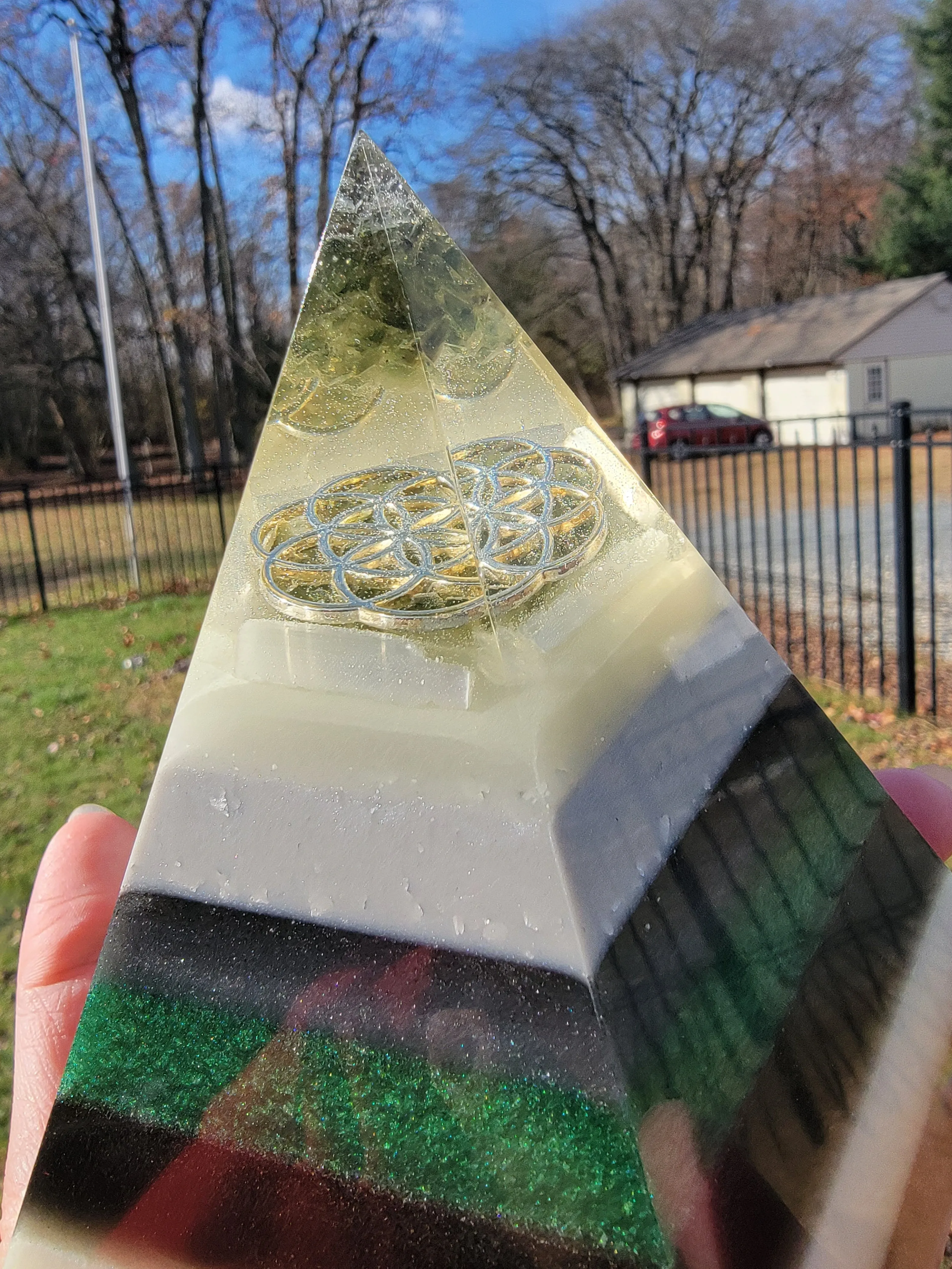 Moldavite Herkimer Diamond Seed of Life Orgonite® Energy Pentagon with STU Ring