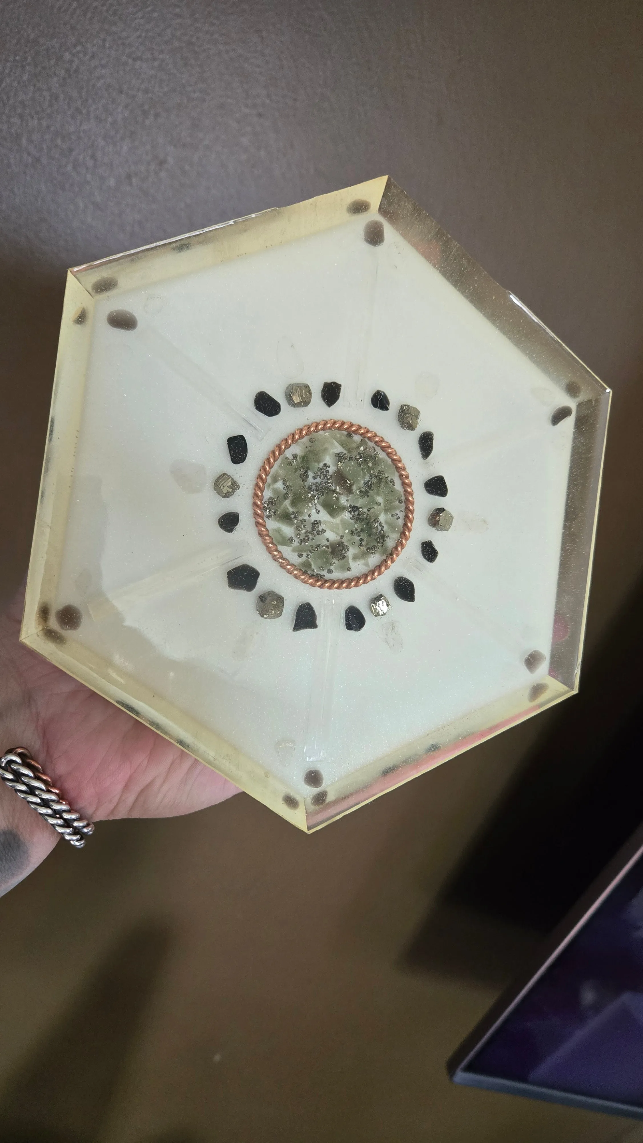 Moldavite Quartz Selenite 6 Sided Orgonite Pyramid With Tensor Ring Plus Crystal Grid