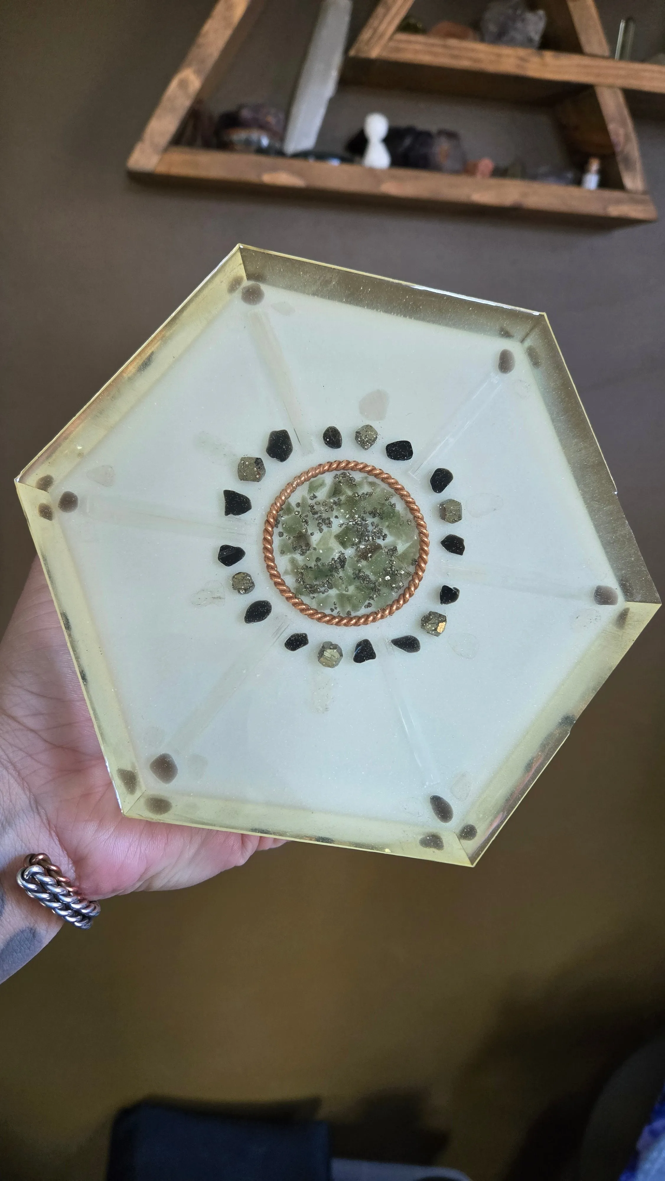 Moldavite Quartz Selenite 6 Sided Orgonite Pyramid With Tensor Ring Plus Crystal Grid