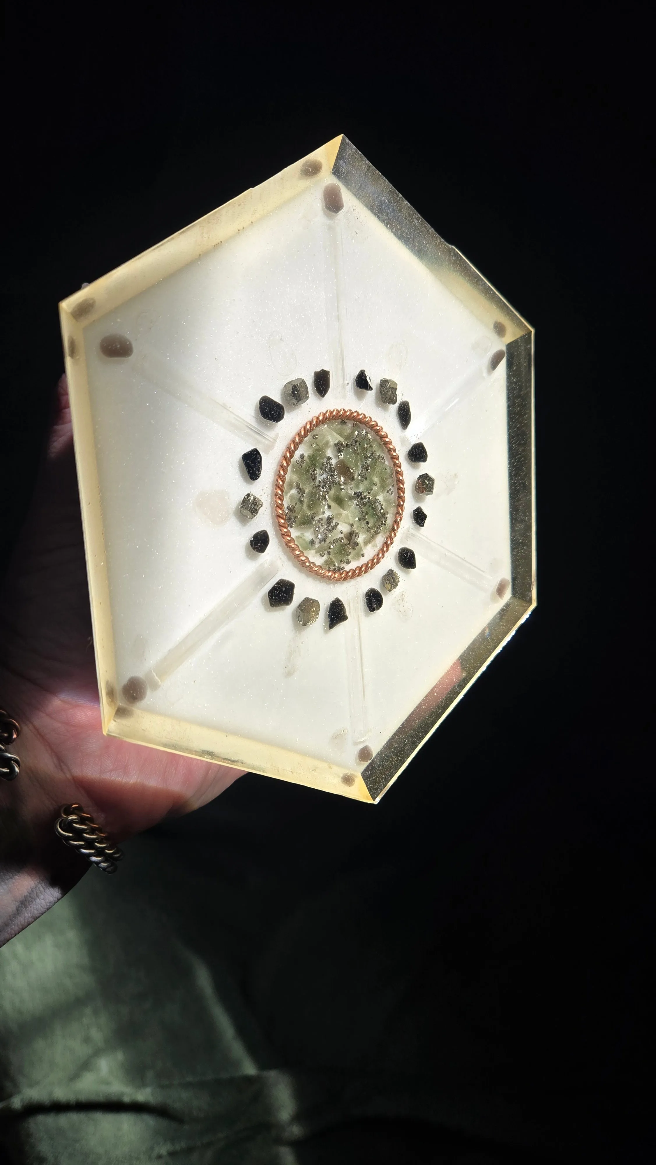 Moldavite Quartz Selenite 6 Sided Orgonite Pyramid With Tensor Ring Plus Crystal Grid