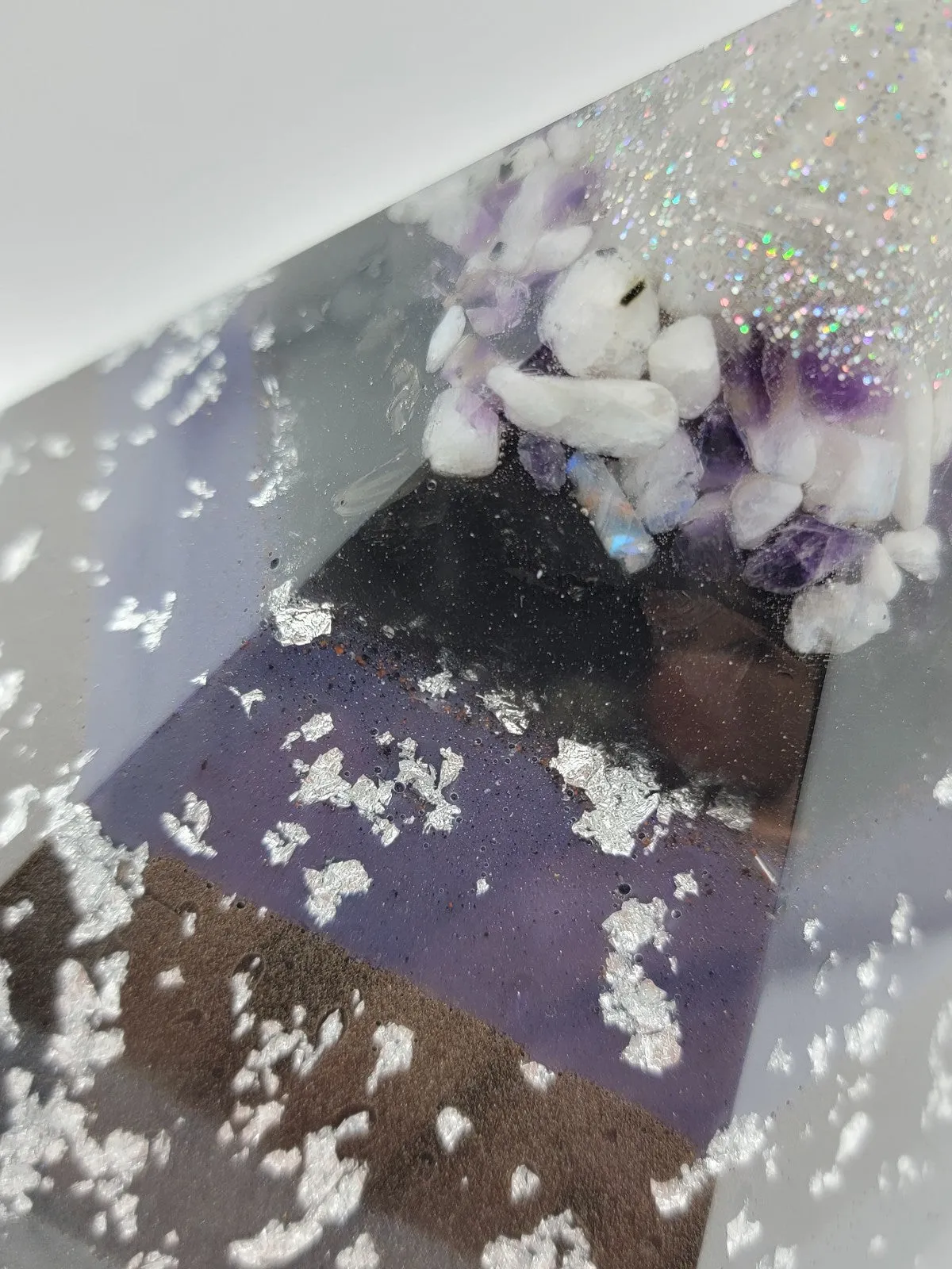 Moonstone Amethyst Selenite Quartz Large Hexagonal Orgonite Pyramid Device