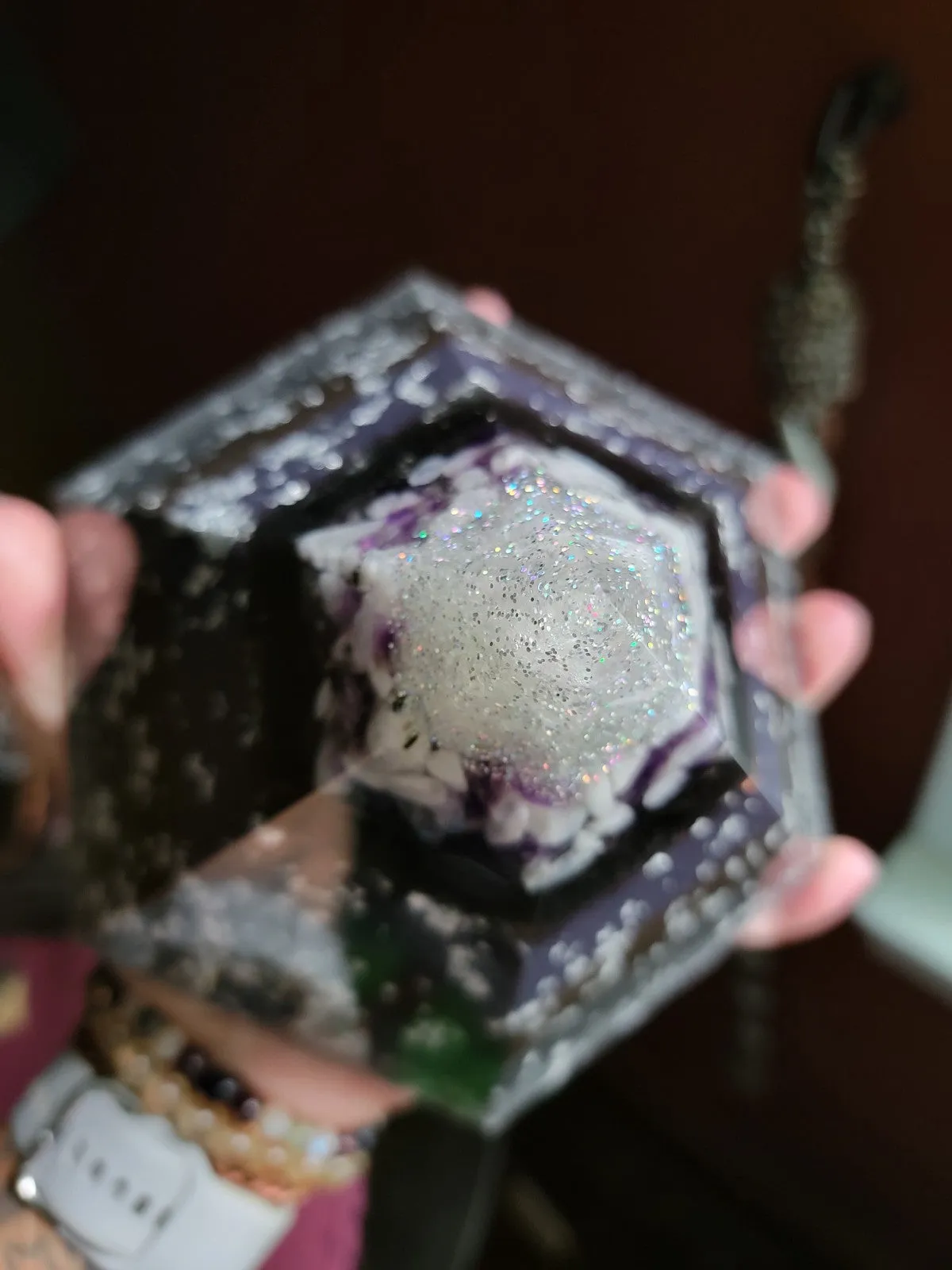 Moonstone Amethyst Selenite Quartz Large Hexagonal Orgonite Pyramid Device