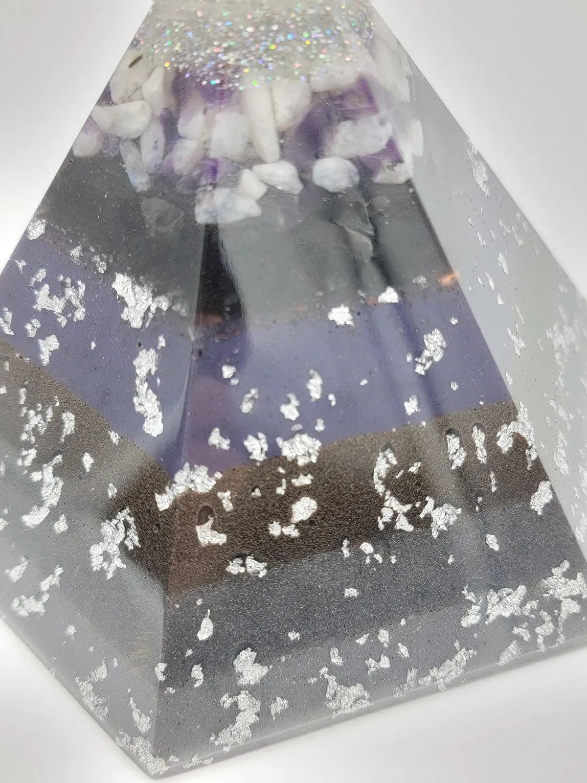 Moonstone Amethyst Selenite Quartz Large Hexagonal Orgonite Pyramid Device