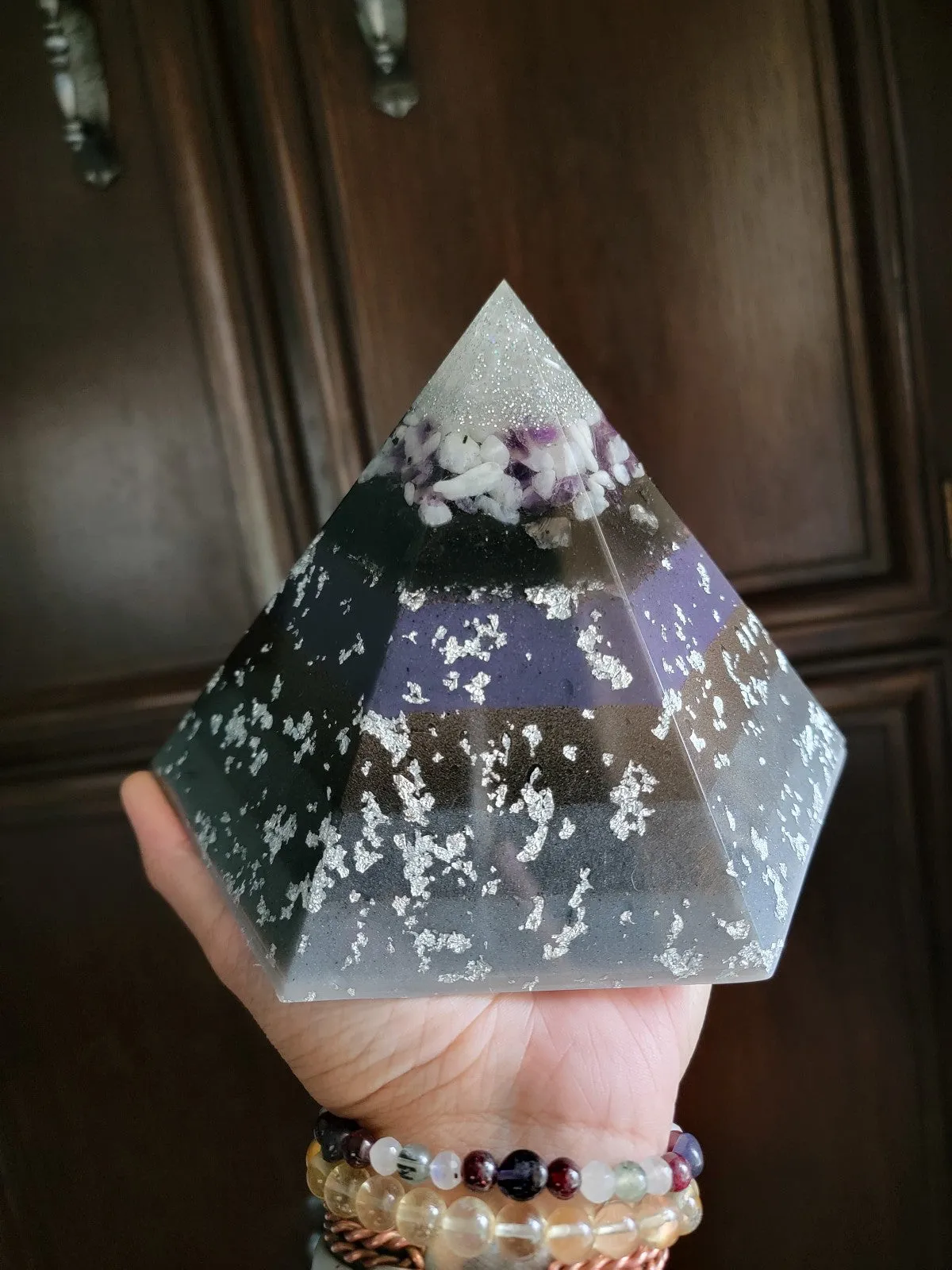 Moonstone Amethyst Selenite Quartz Large Hexagonal Orgonite Pyramid Device