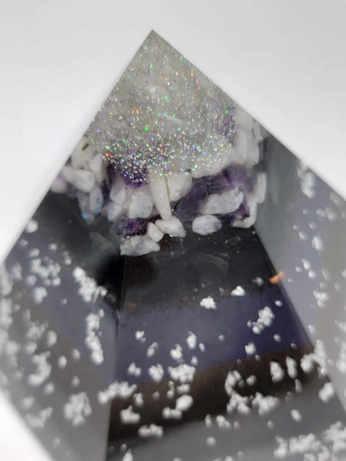 Moonstone Amethyst Selenite Quartz Large Hexagonal Orgonite Pyramid Device