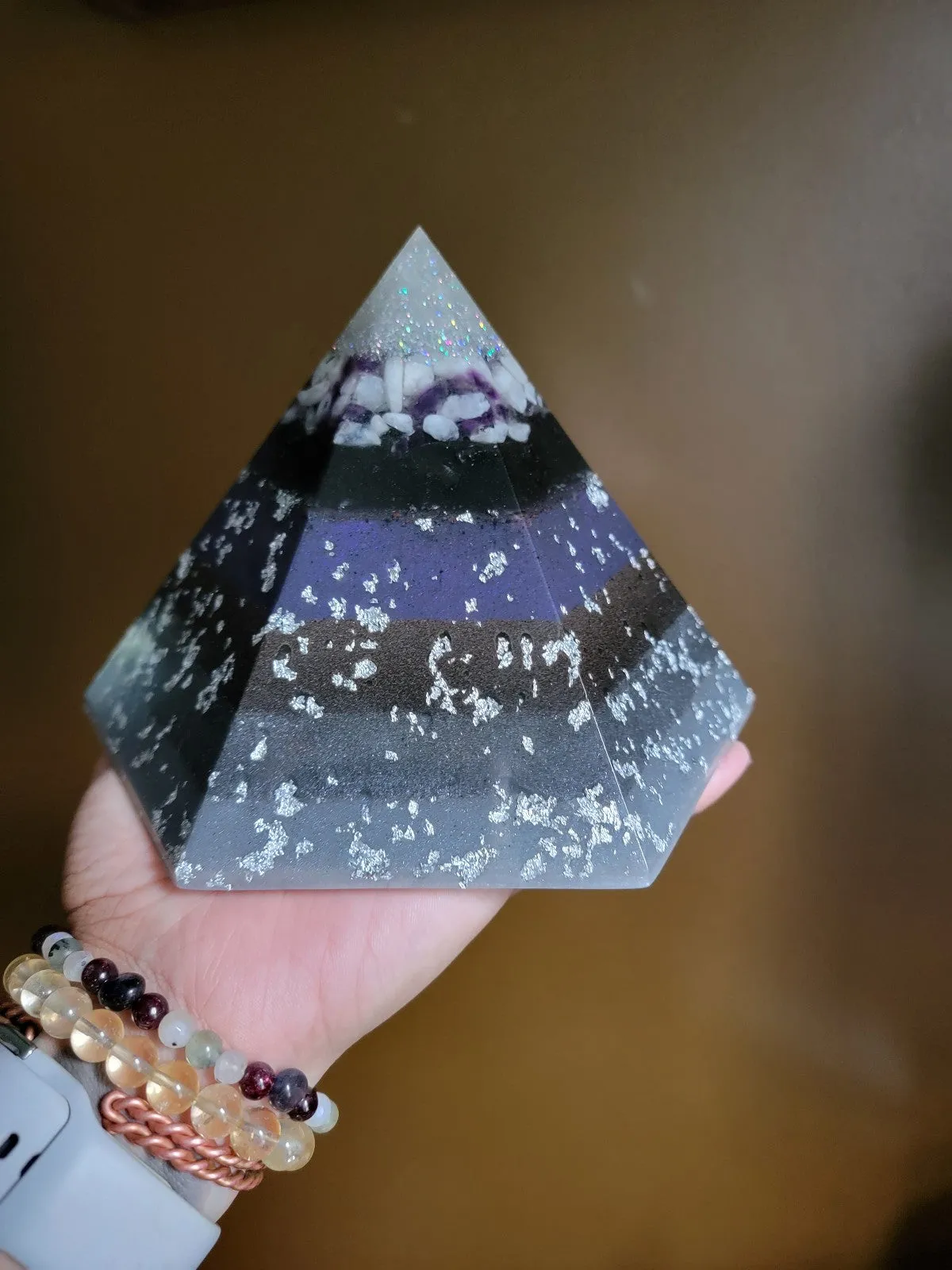 Moonstone Amethyst Selenite Quartz Large Hexagonal Orgonite Pyramid Device