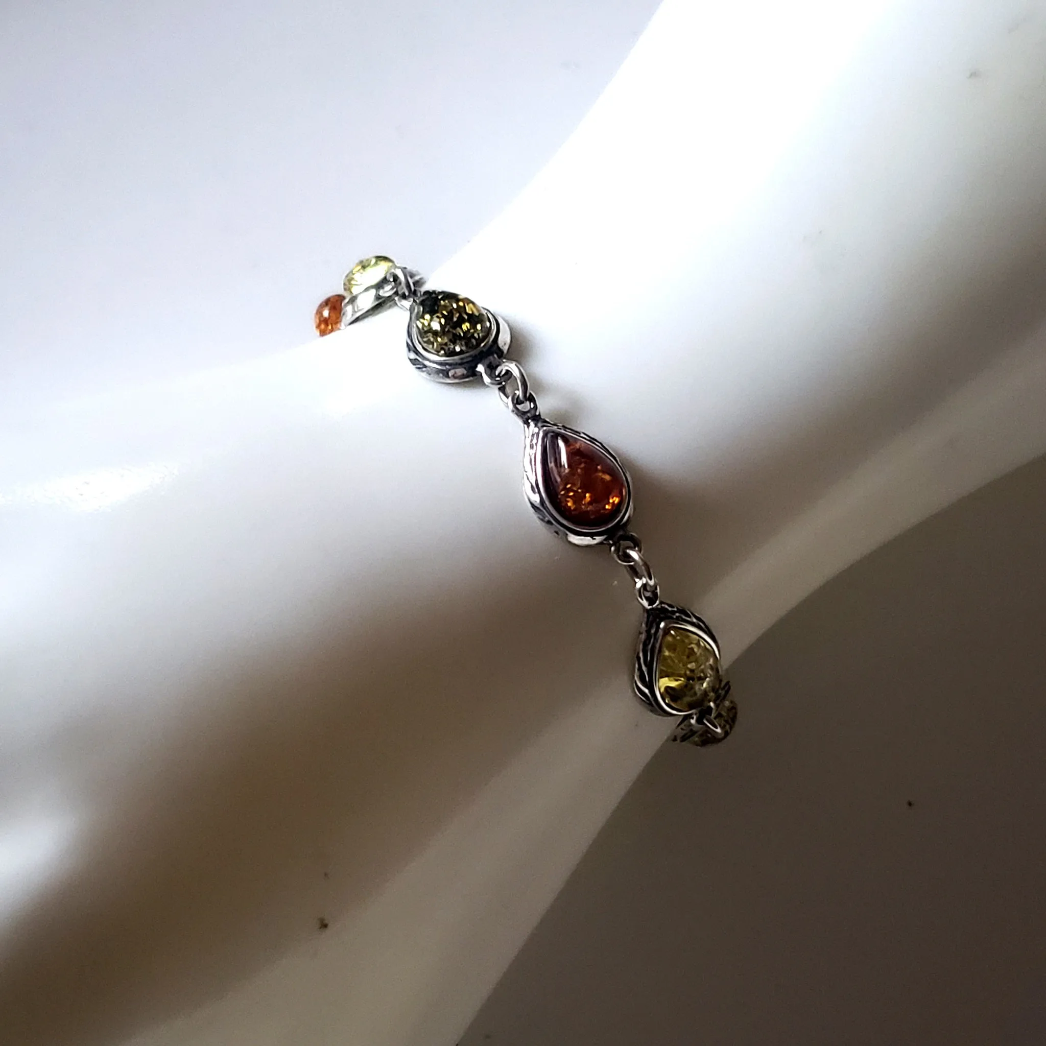 Multicolor Amber with Silver Link Bracelet