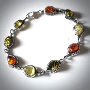 Multicolor Amber with Silver Link Bracelet