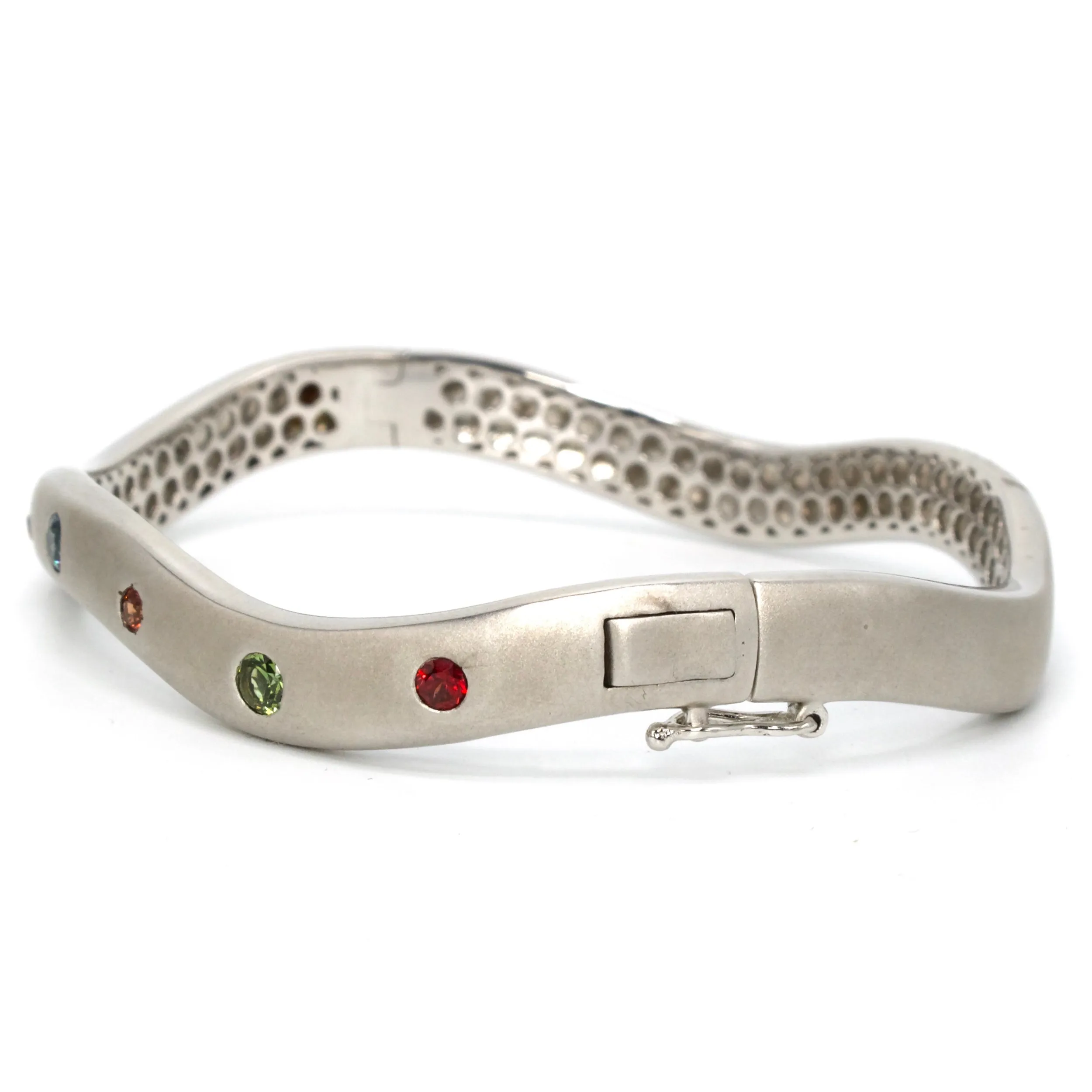 Multicolored Rainbow Sapphire Brushed Sterling Silver Bangle