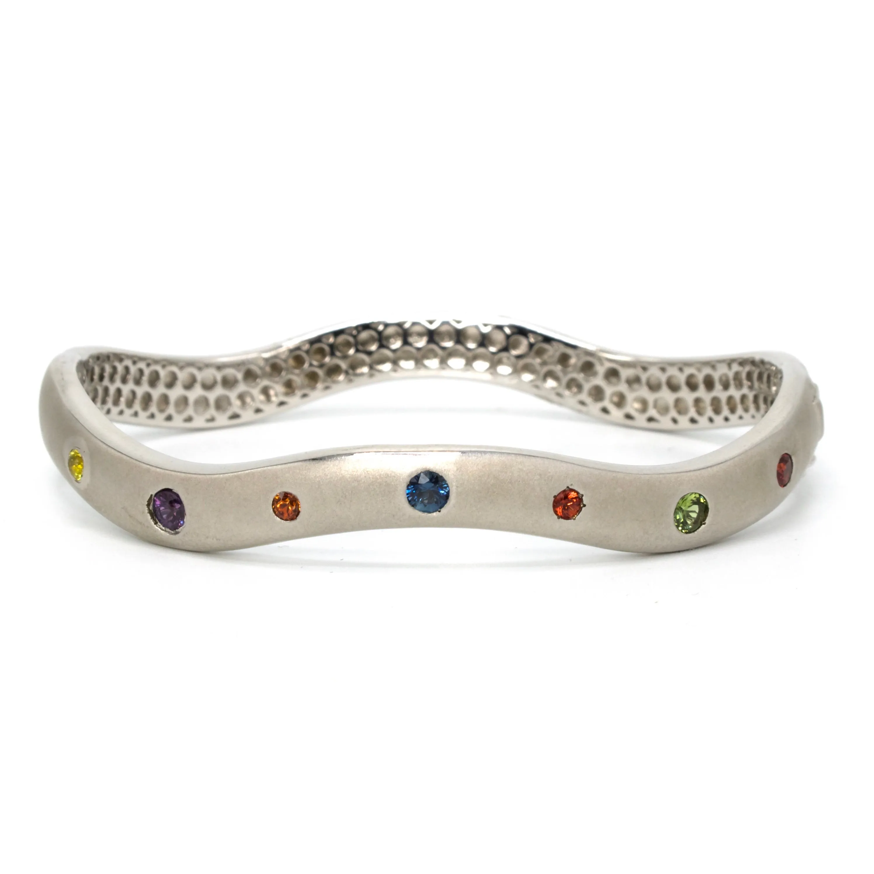 Multicolored Rainbow Sapphire Brushed Sterling Silver Bangle
