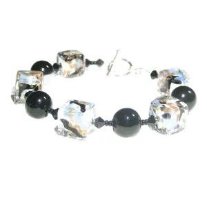 Murano Glass Blue White Copper Cube Silver Bracelet - 10mm Beads