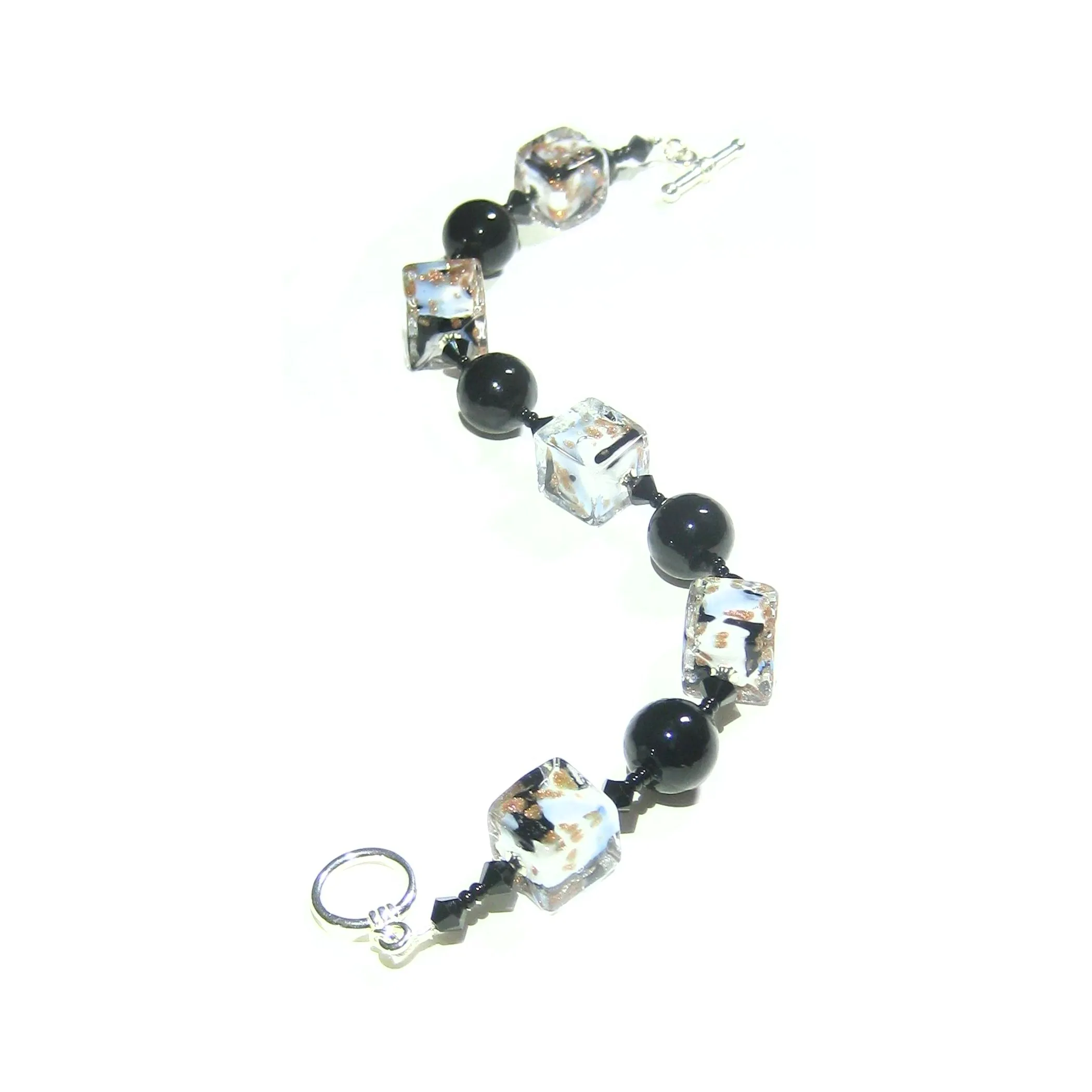 Murano Glass Blue White Copper Cube Silver Bracelet - 10mm Beads