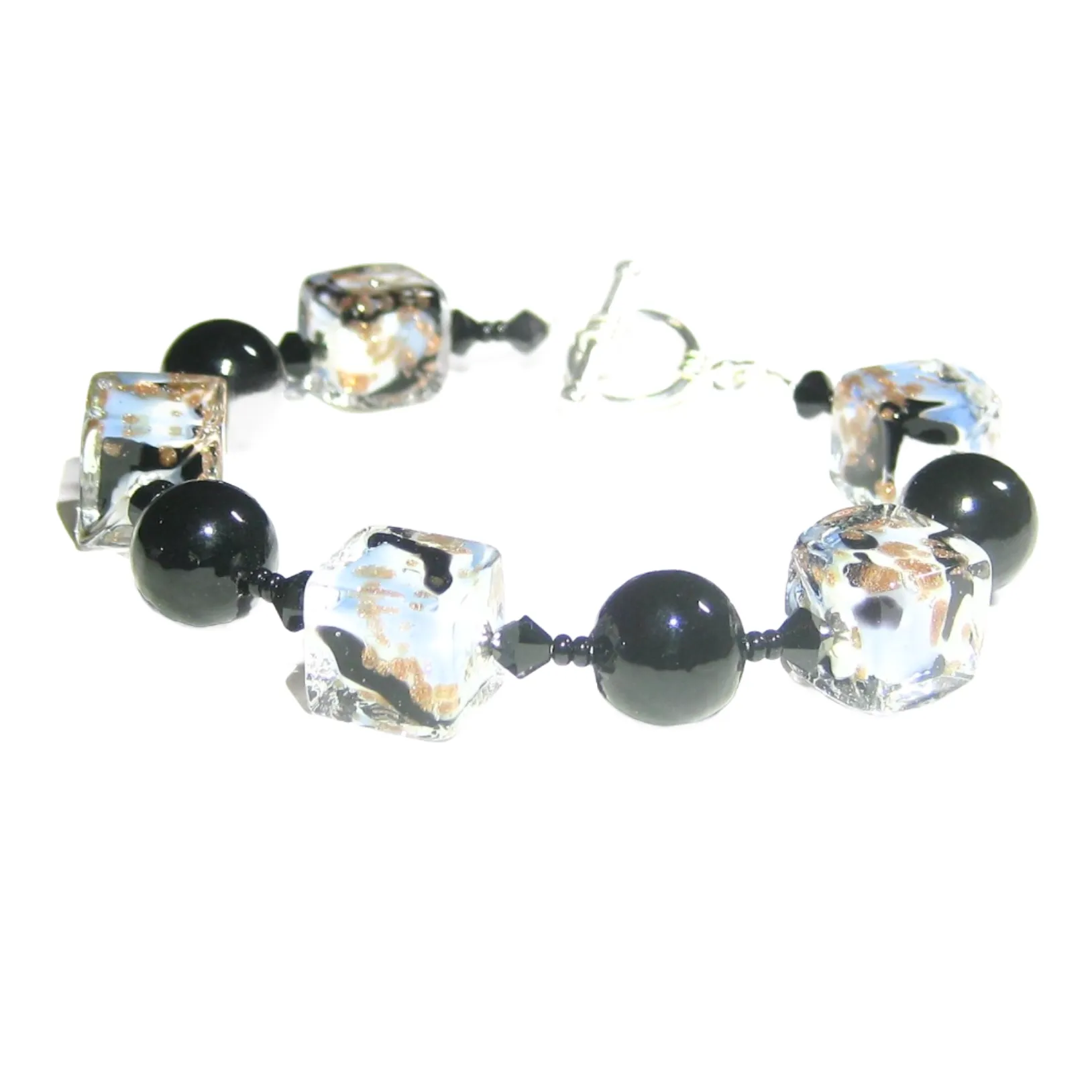 Murano Glass Blue White Copper Cube Silver Bracelet - 10mm Beads