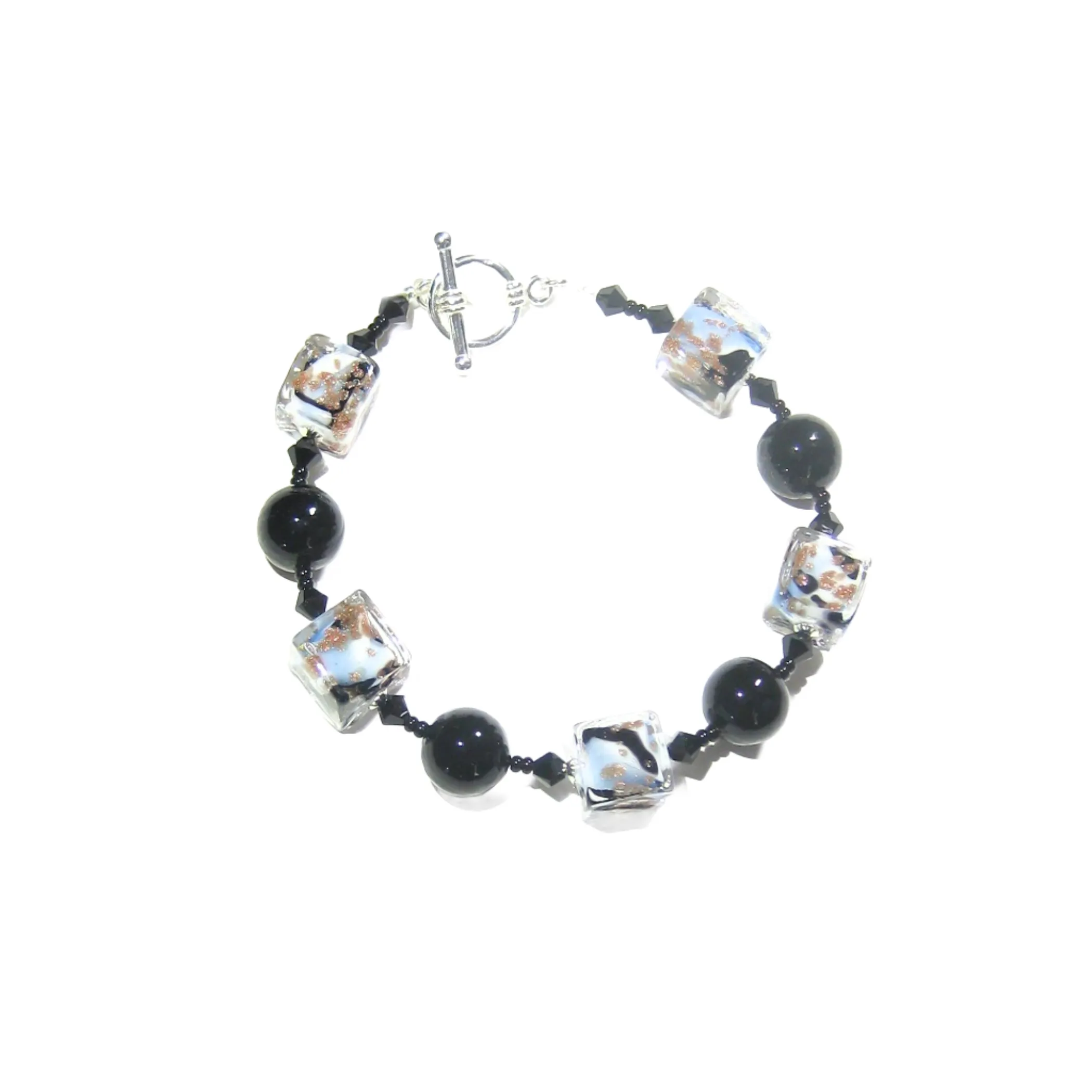 Murano Glass Blue White Copper Cube Silver Bracelet - 10mm Beads