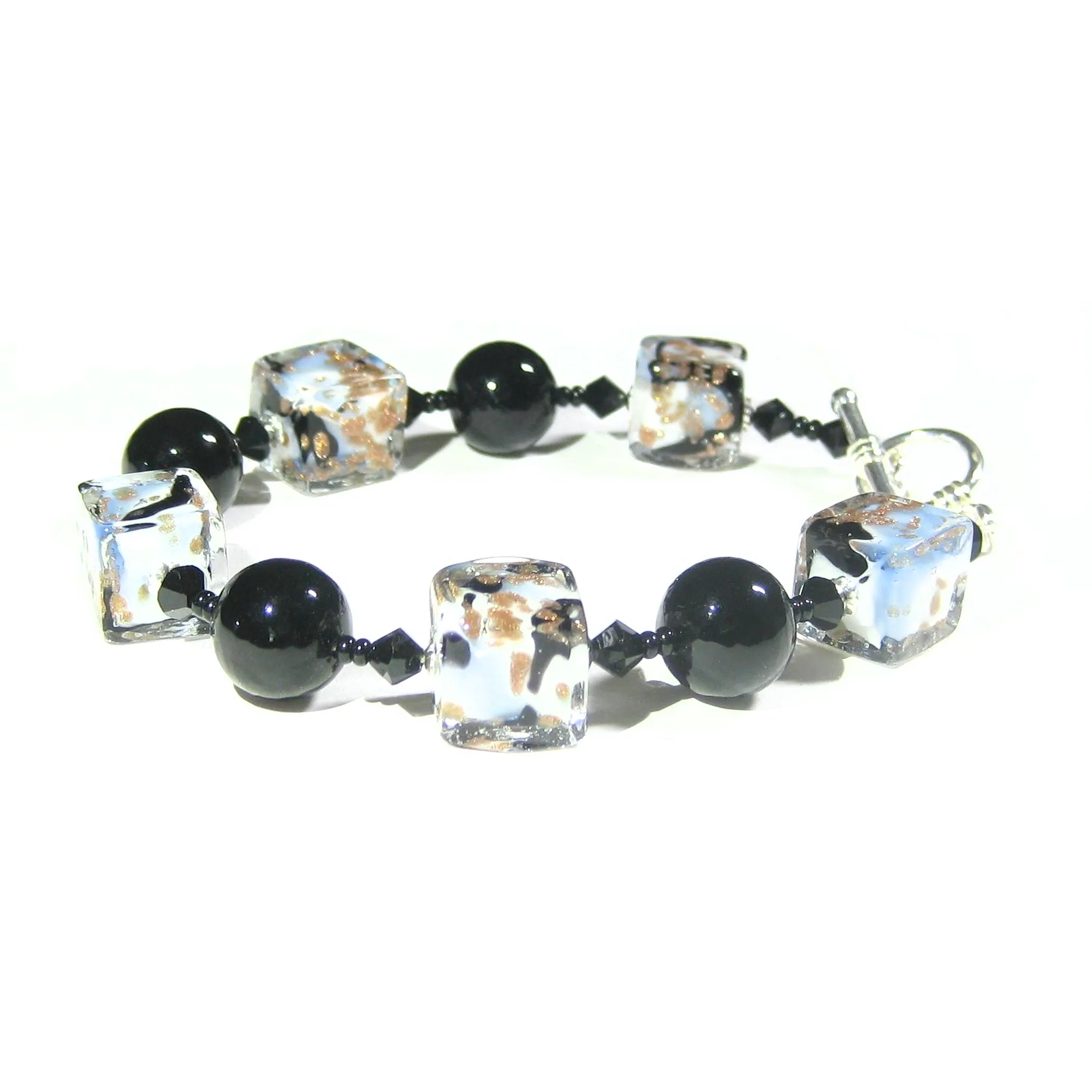 Murano Glass Blue White Copper Cube Silver Bracelet - 10mm Beads