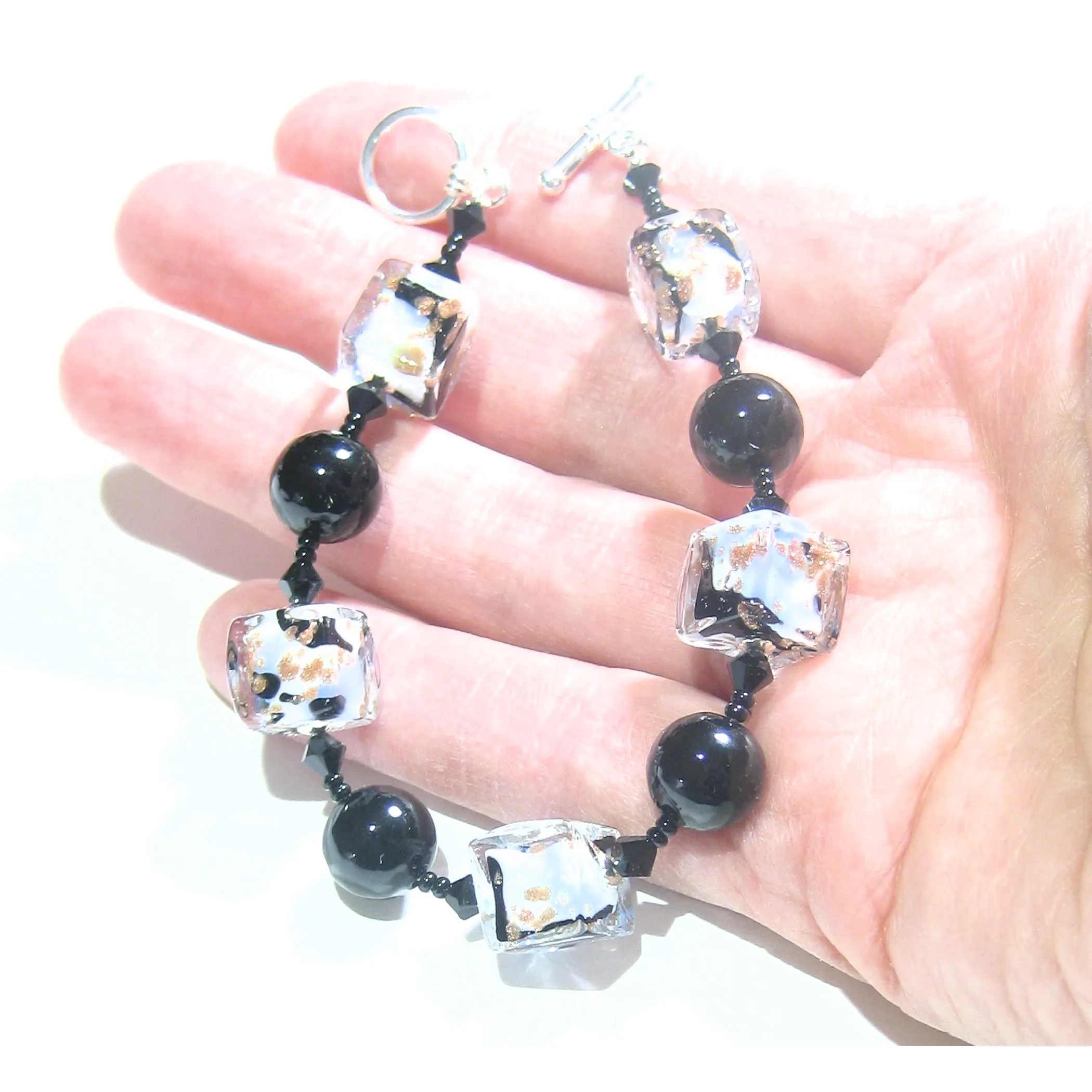 Murano Glass Blue White Copper Cube Silver Bracelet - 10mm Beads