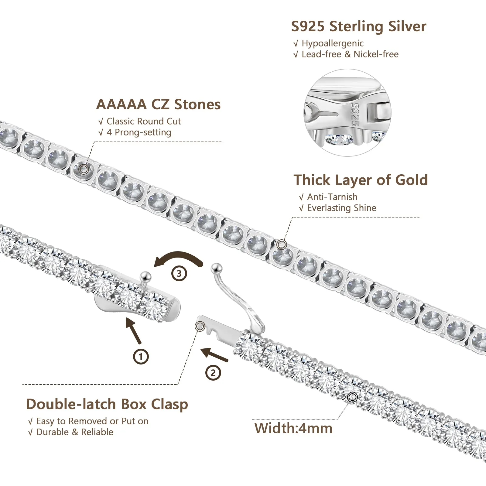 【NEW】4mm 925 Sterling Silver CZ Diamond Tennis Chain Necklace KRKC&CO KEEP REAL KEEP CHAMPION