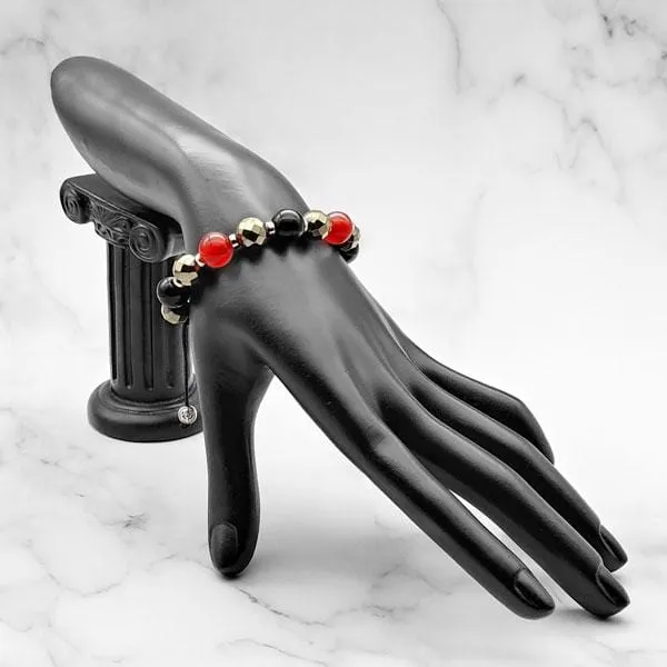 Night Fire |  Stunning Pyrite-Red Jade-Black Onyx Bracelet in Gold/Silver | 10MM