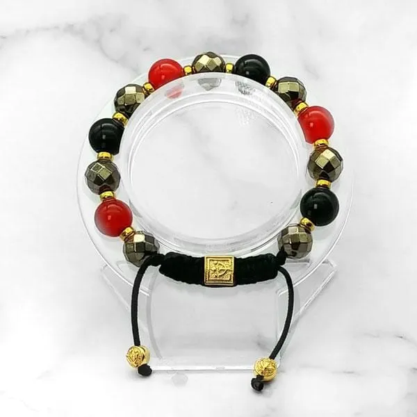 Night Fire |  Stunning Pyrite-Red Jade-Black Onyx Bracelet in Gold/Silver | 10MM