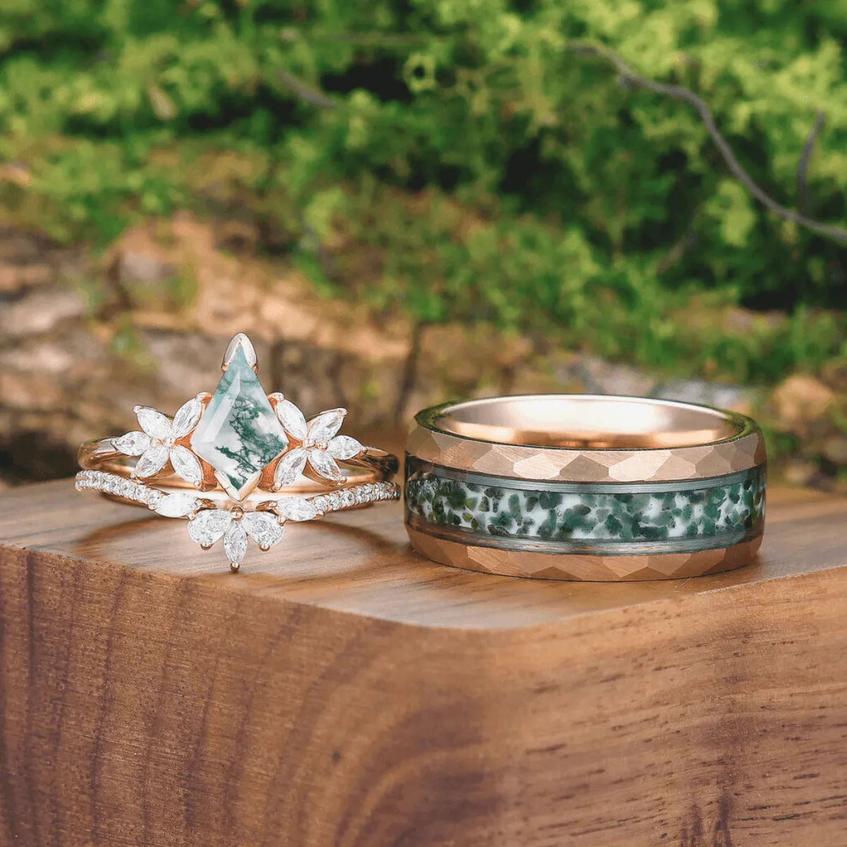Noble Petal Kite Cut Moss Agate Ring Set 925 Sterling Silver And Tungsten Couples Ring