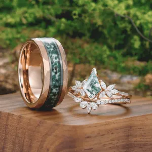 Noble Petal Kite Cut Moss Agate Ring Set 925 Sterling Silver And Tungsten Couples Ring