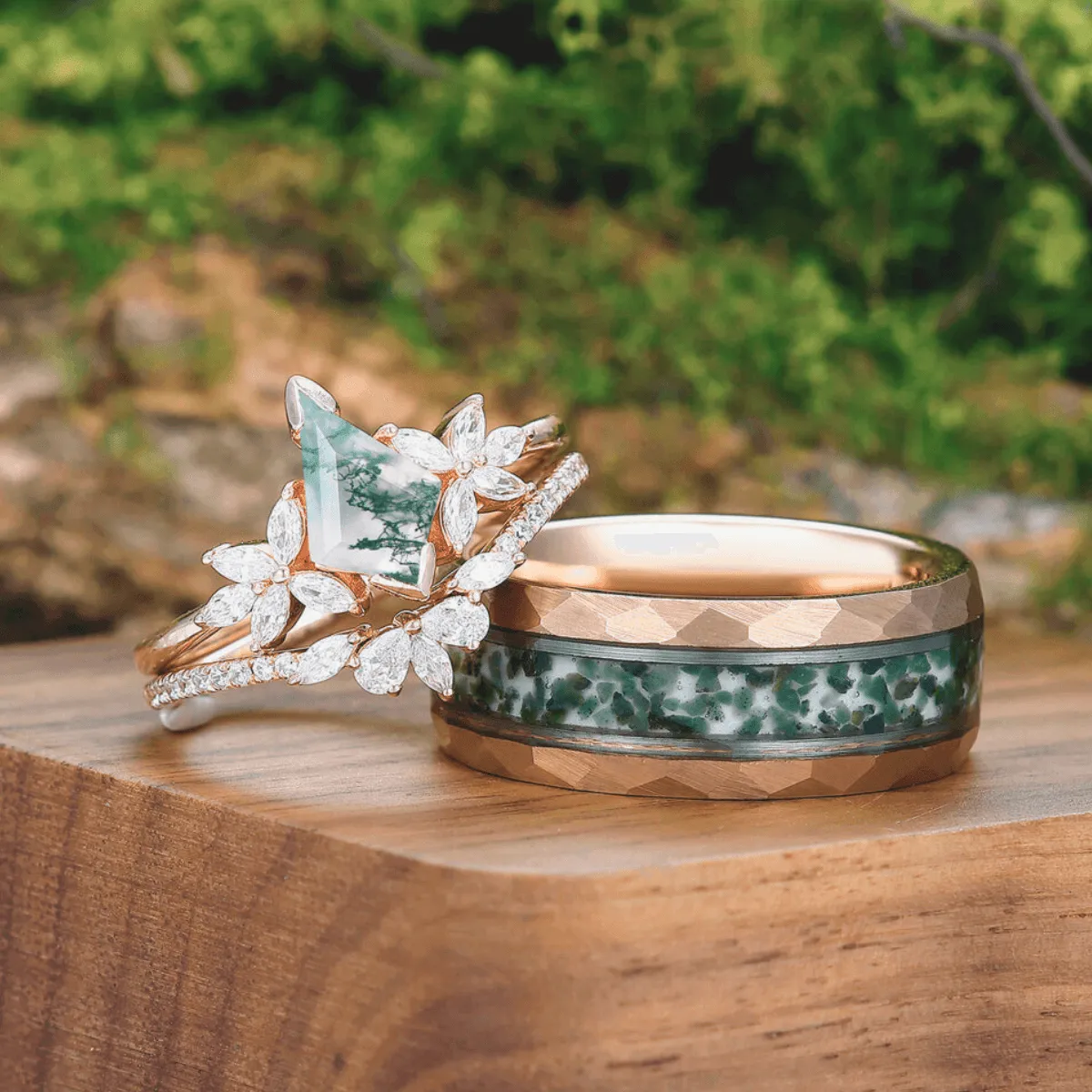 Noble Petal Kite Cut Moss Agate Ring Set 925 Sterling Silver And Tungsten Couples Ring