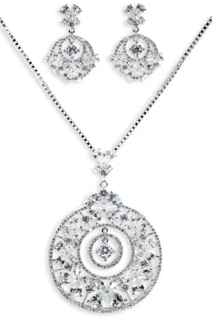 Noble Set Classic Flower Statement with Crystal in Sterling Silver (Earrings, Necklace)