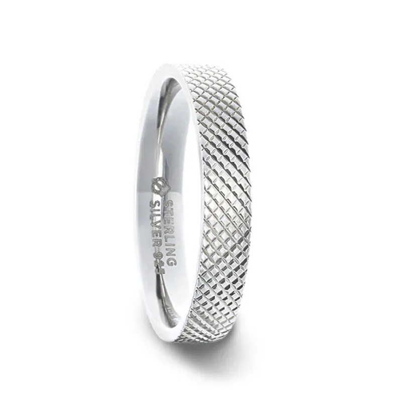 NOBLE Silver Cross-Hatched Finish Flat Style Wedding Band - 4mm & 8mm