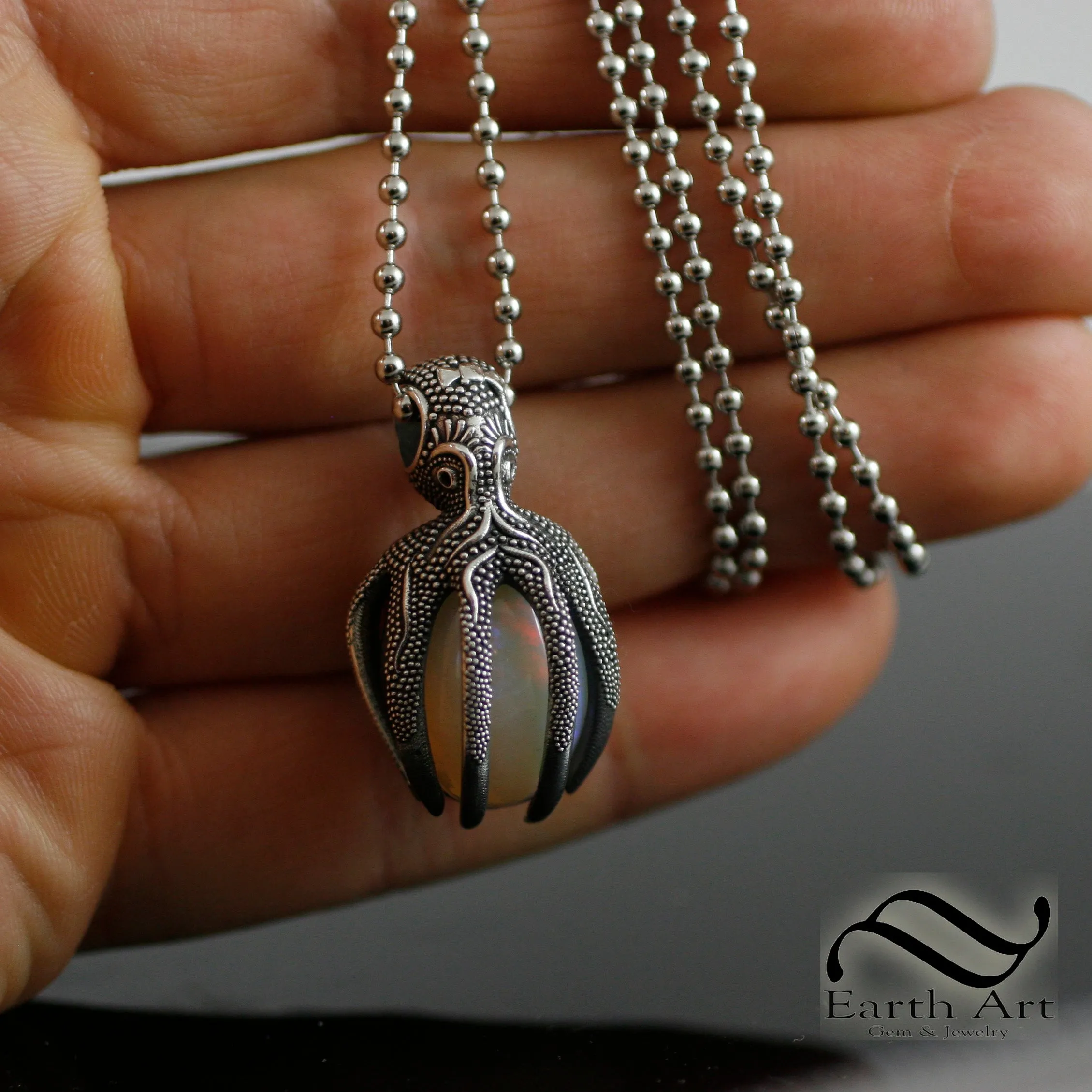 Octopus Pendant with Opal -October Birthstone - Sterling Silver - Adria