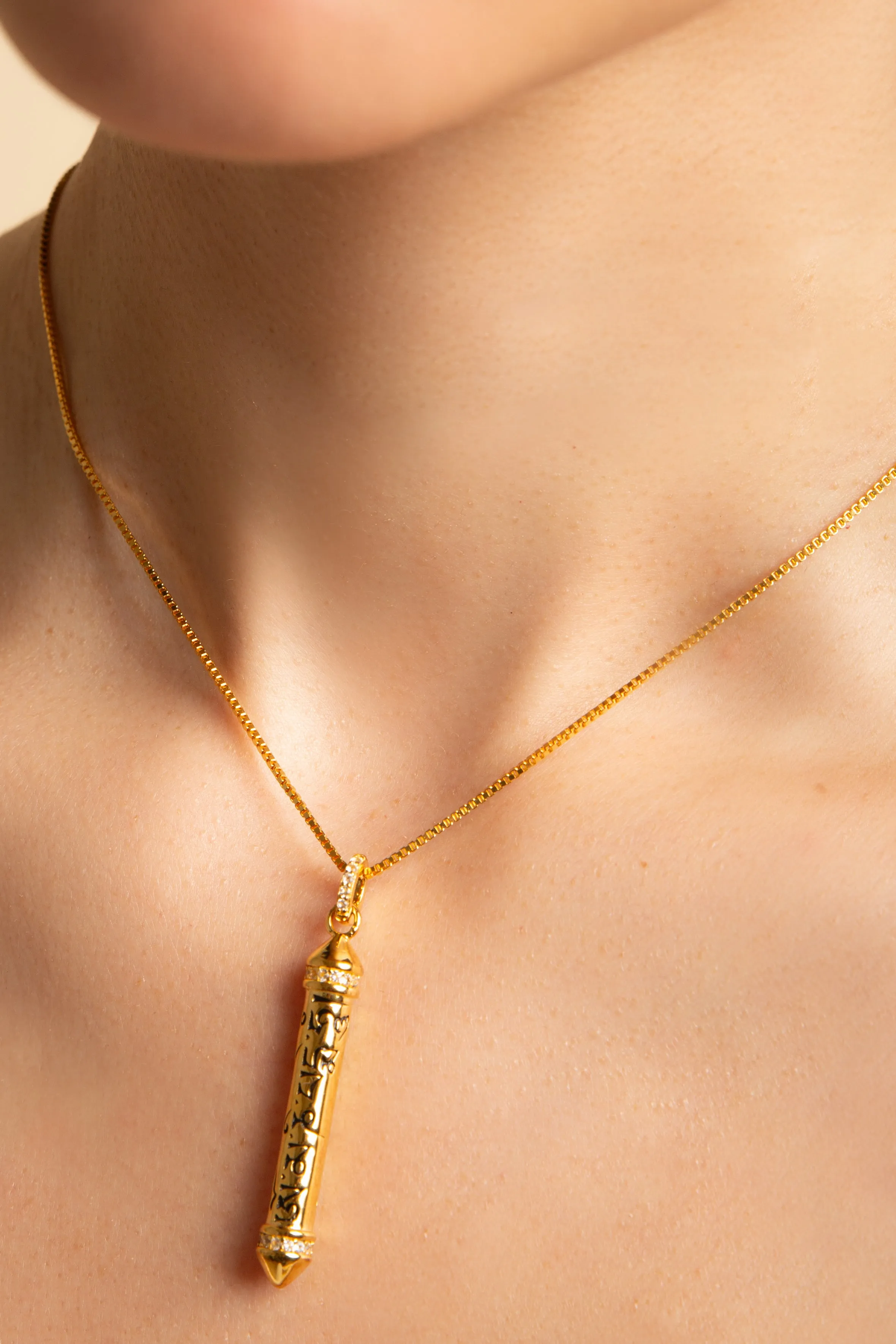 OM MANI PADME HUM, White Rhodium, White Topaz Prayer Necklace  *Seen in Harper's Bazaar