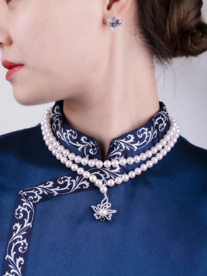 「Orchid Chinese Frog」 Akoya Pearl Diamond necklace