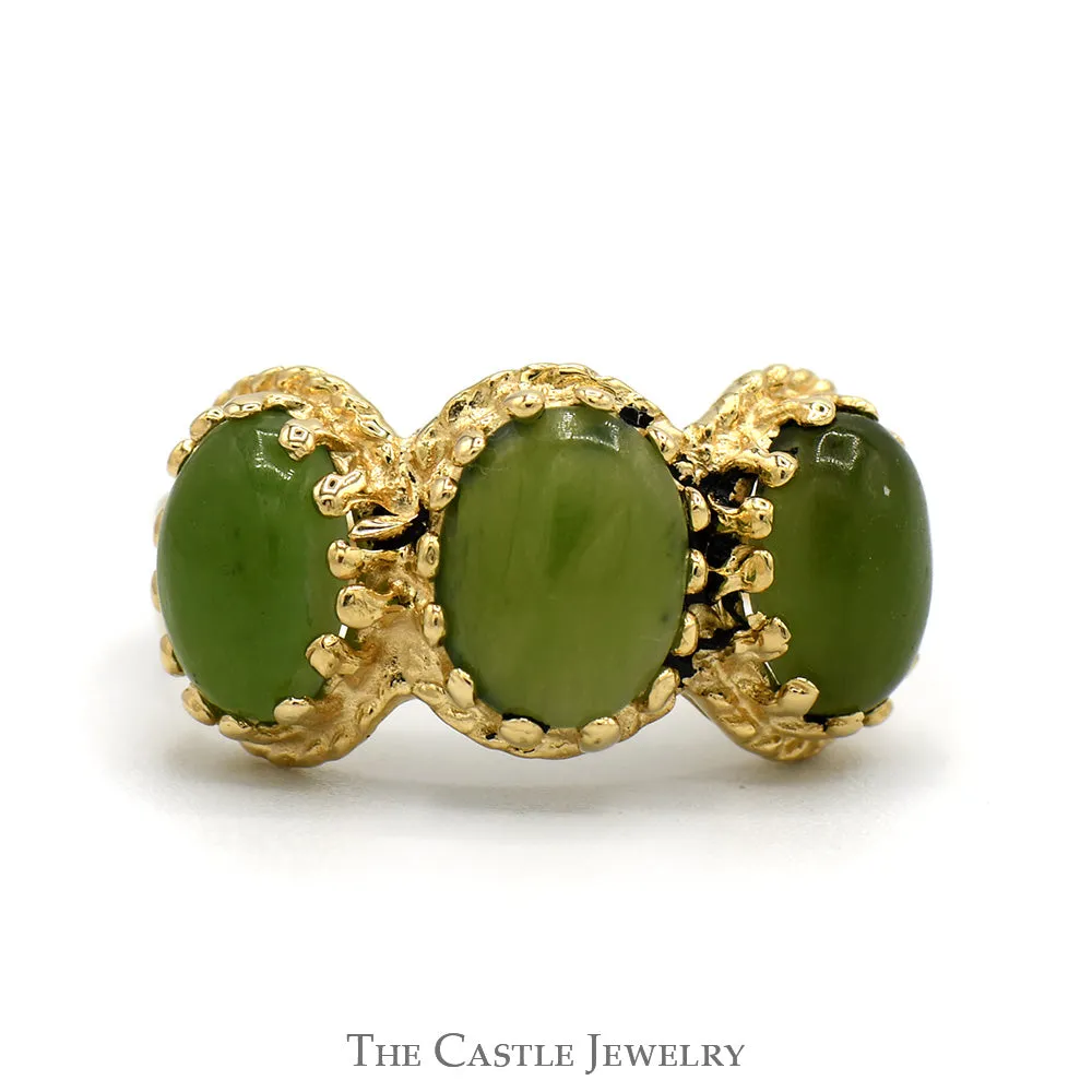 Oval Cut Green Jade Three Stone Ring with Open Split Shank Sides in 14k Yellow Gold