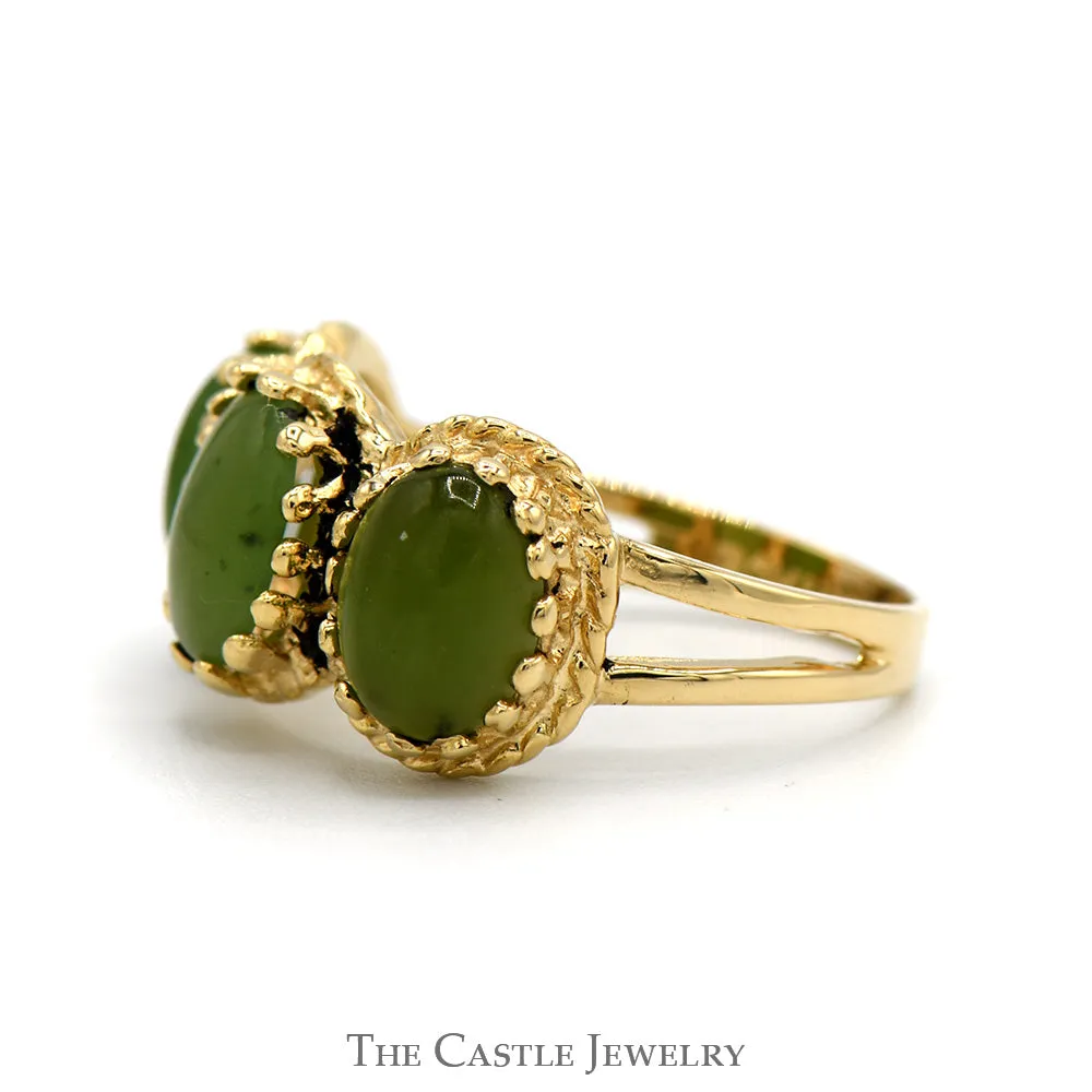 Oval Cut Green Jade Three Stone Ring with Open Split Shank Sides in 14k Yellow Gold