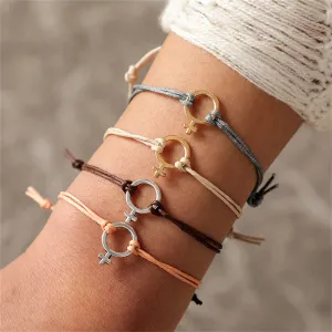 Peach Polyster & Two-Tone Female Symbol Adjustable Bracelet Set