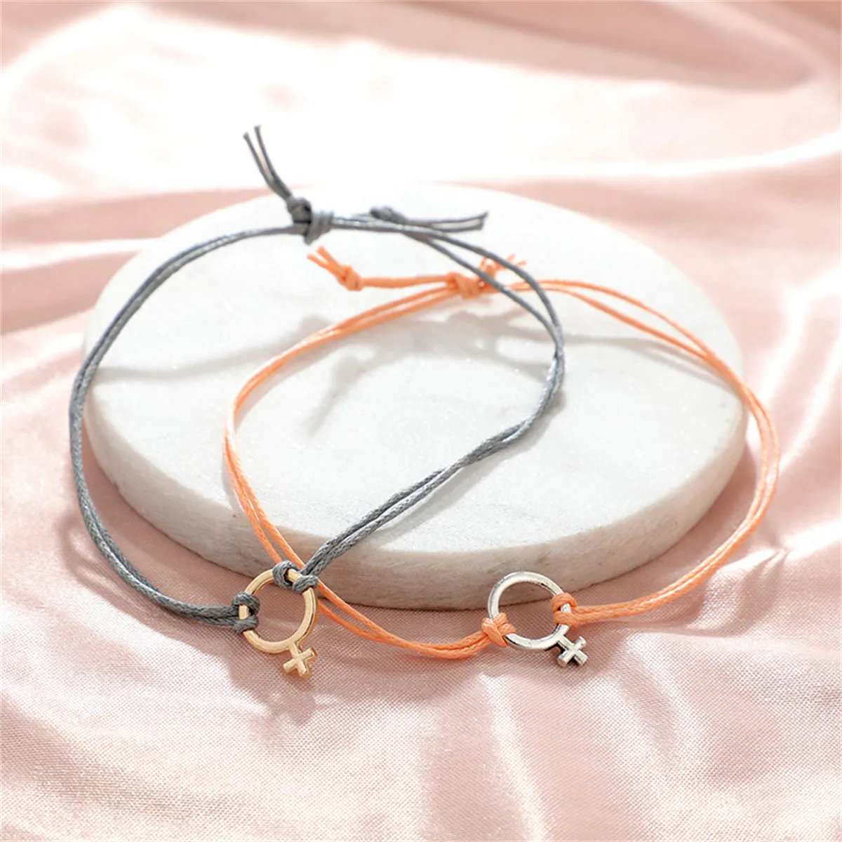 Peach Polyster & Two-Tone Female Symbol Adjustable Bracelet Set