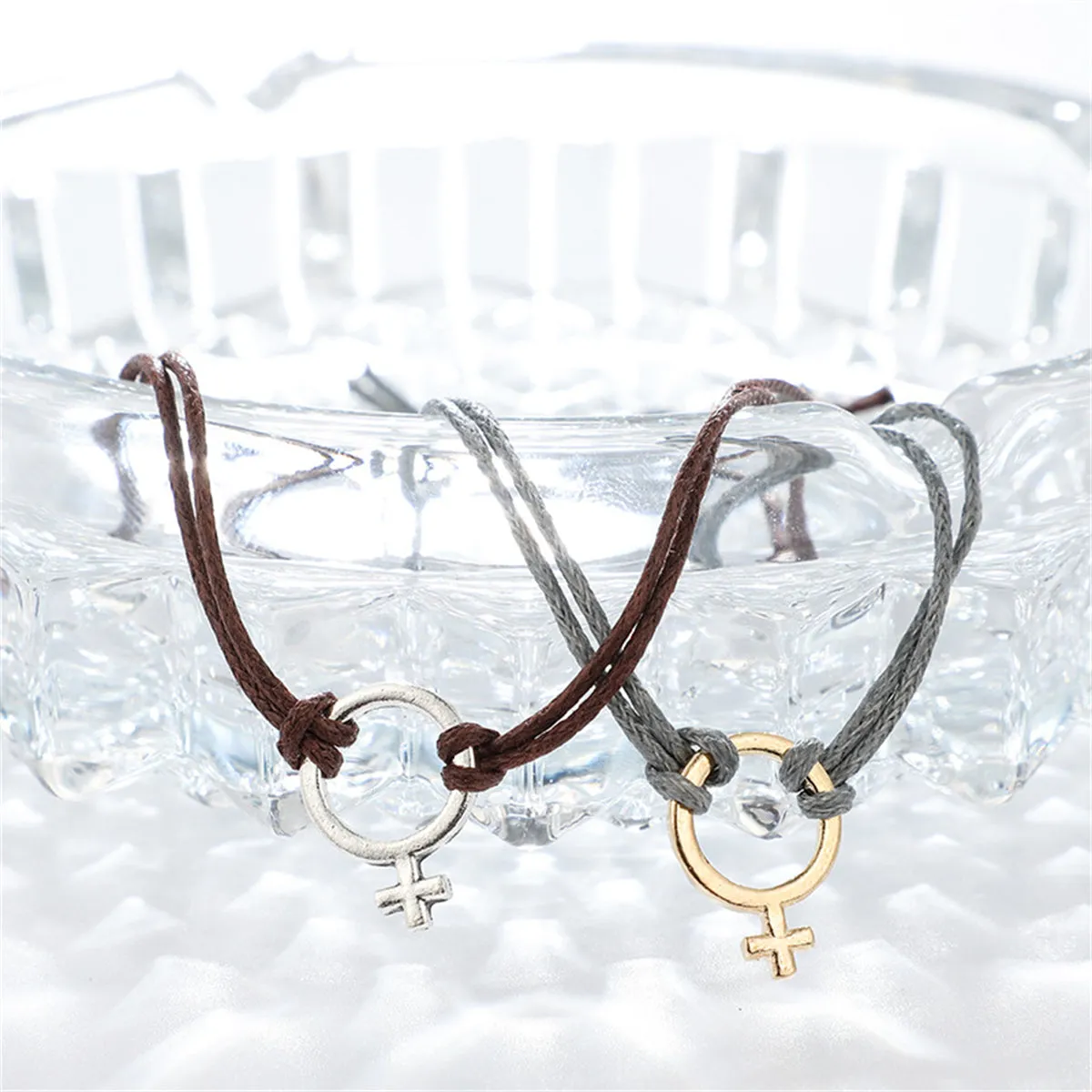 Peach Polyster & Two-Tone Female Symbol Adjustable Bracelet Set