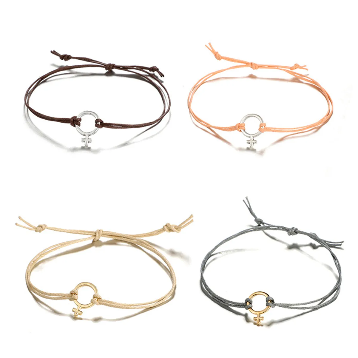 Peach Polyster & Two-Tone Female Symbol Adjustable Bracelet Set