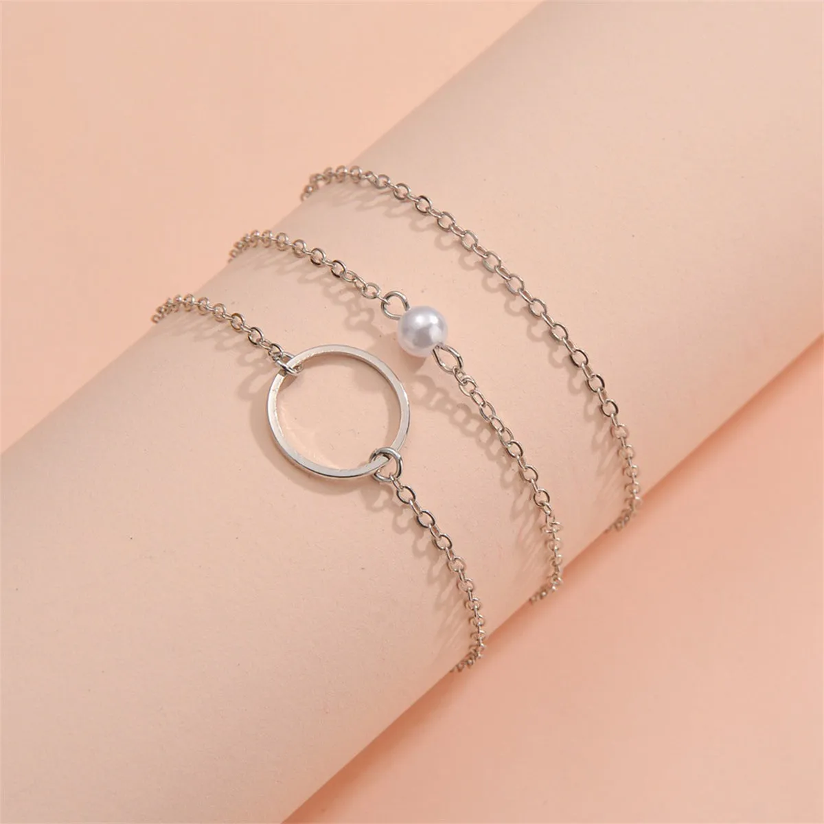 Pearl & Silver-Plated Circle Charm Bracelet Set