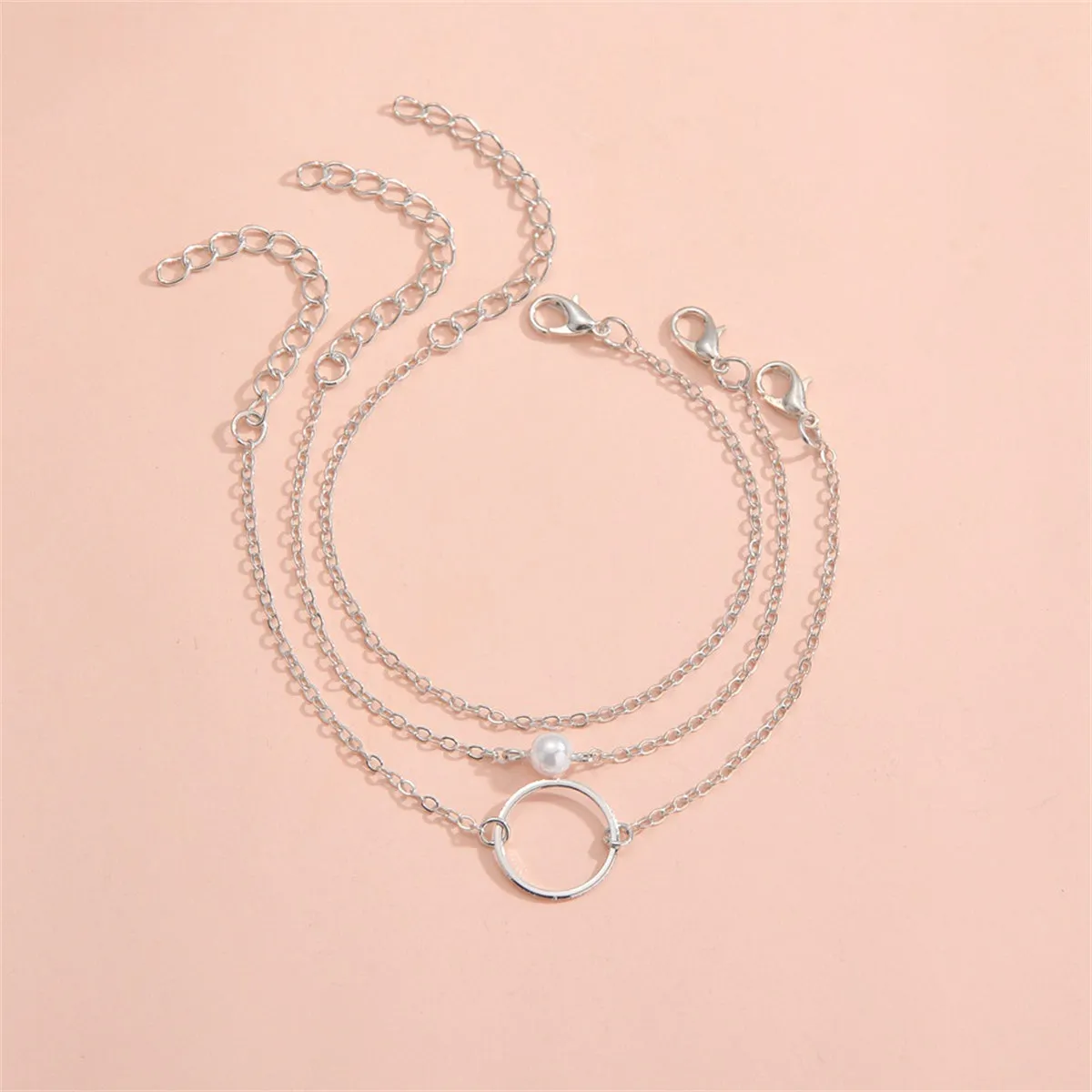 Pearl & Silver-Plated Circle Charm Bracelet Set