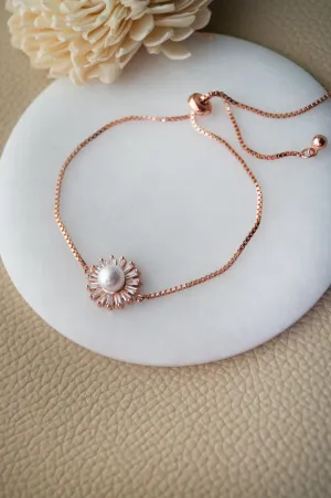 Pearl Baguette Rays Rose Gold Plated Sterling Silver Pull Chain Bracelet