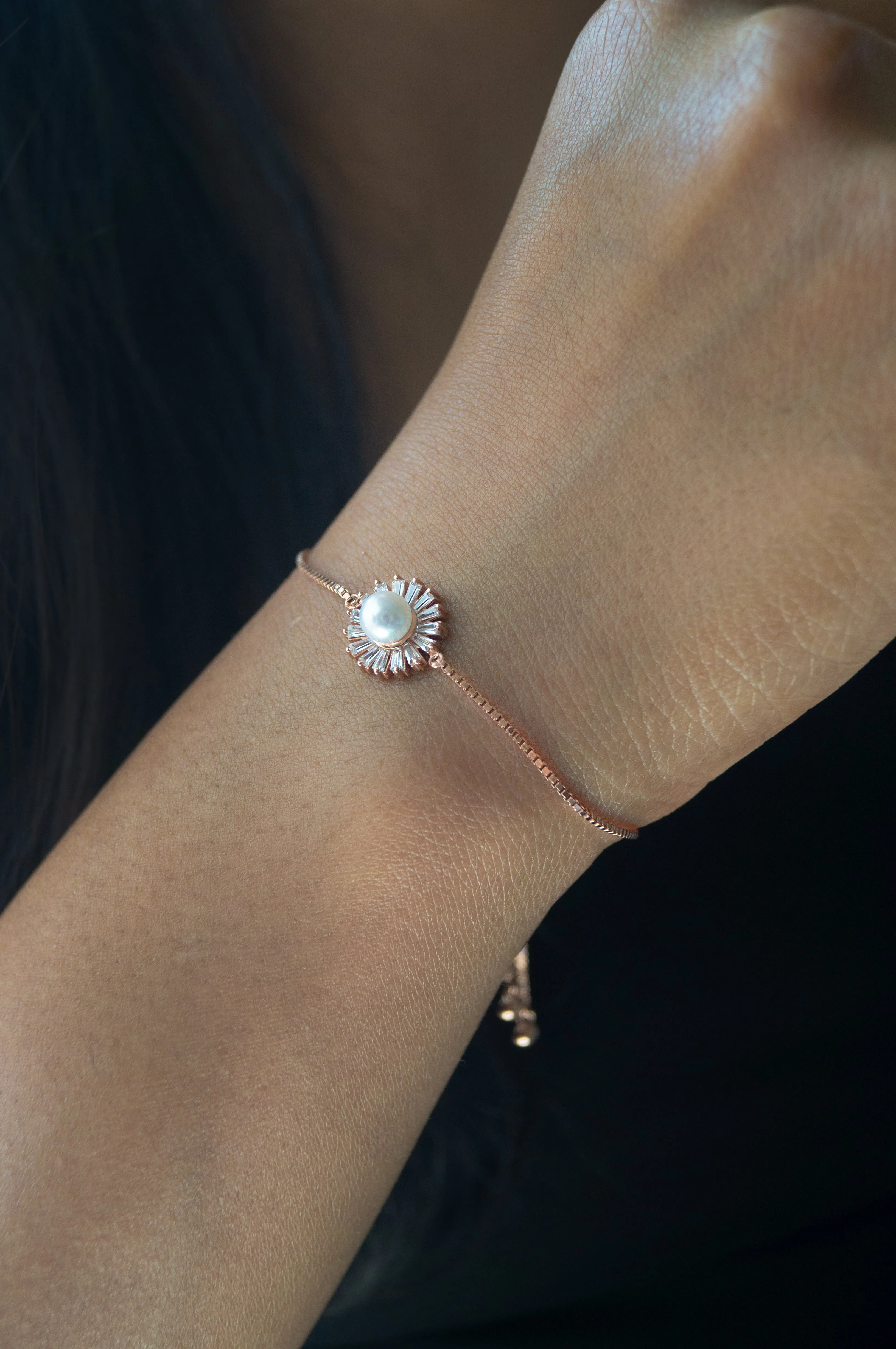 Pearl Baguette Rays Rose Gold Plated Sterling Silver Pull Chain Bracelet