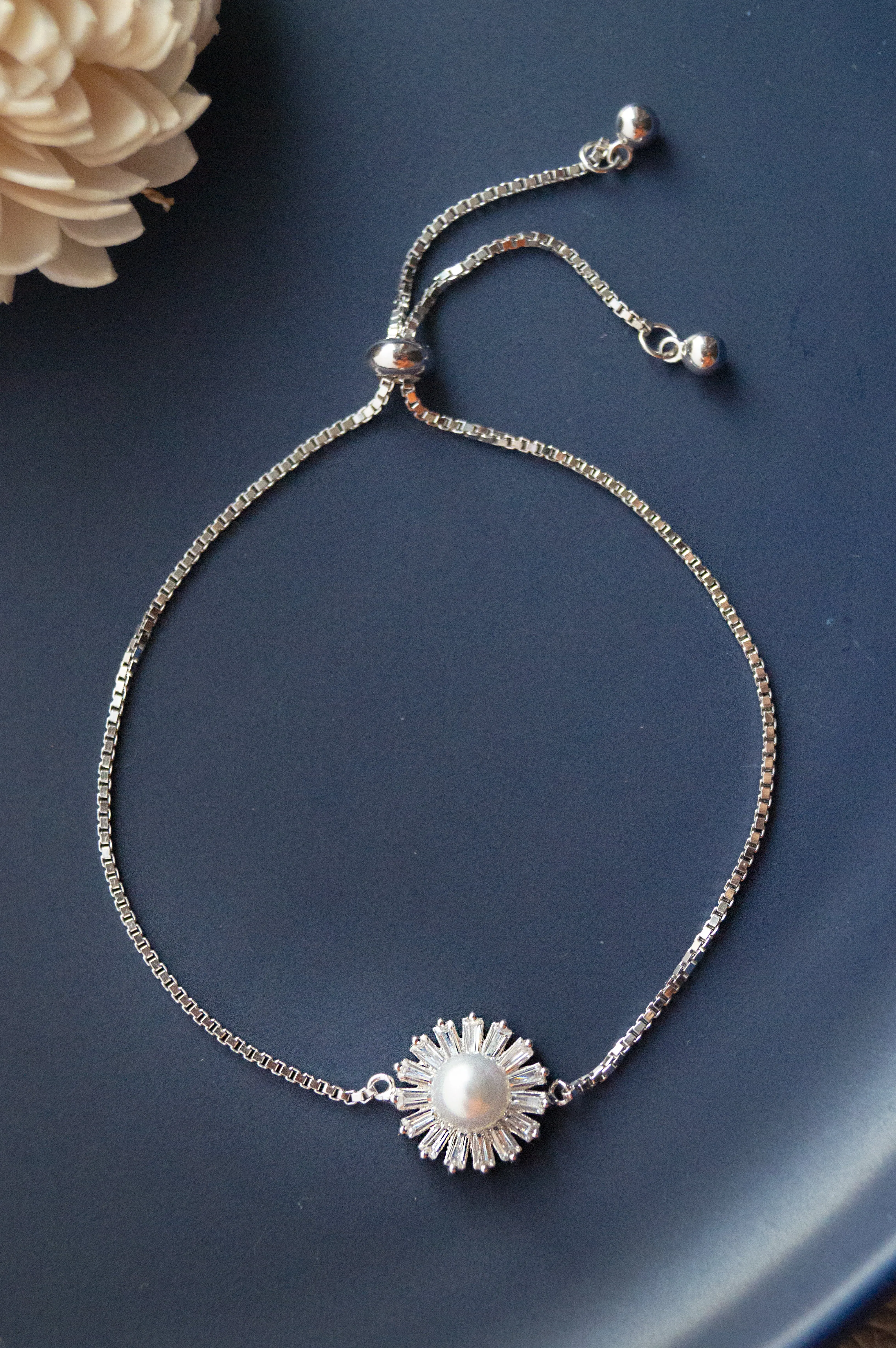 Pearl Baguette Rays Rose Gold Plated Sterling Silver Pull Chain Bracelet