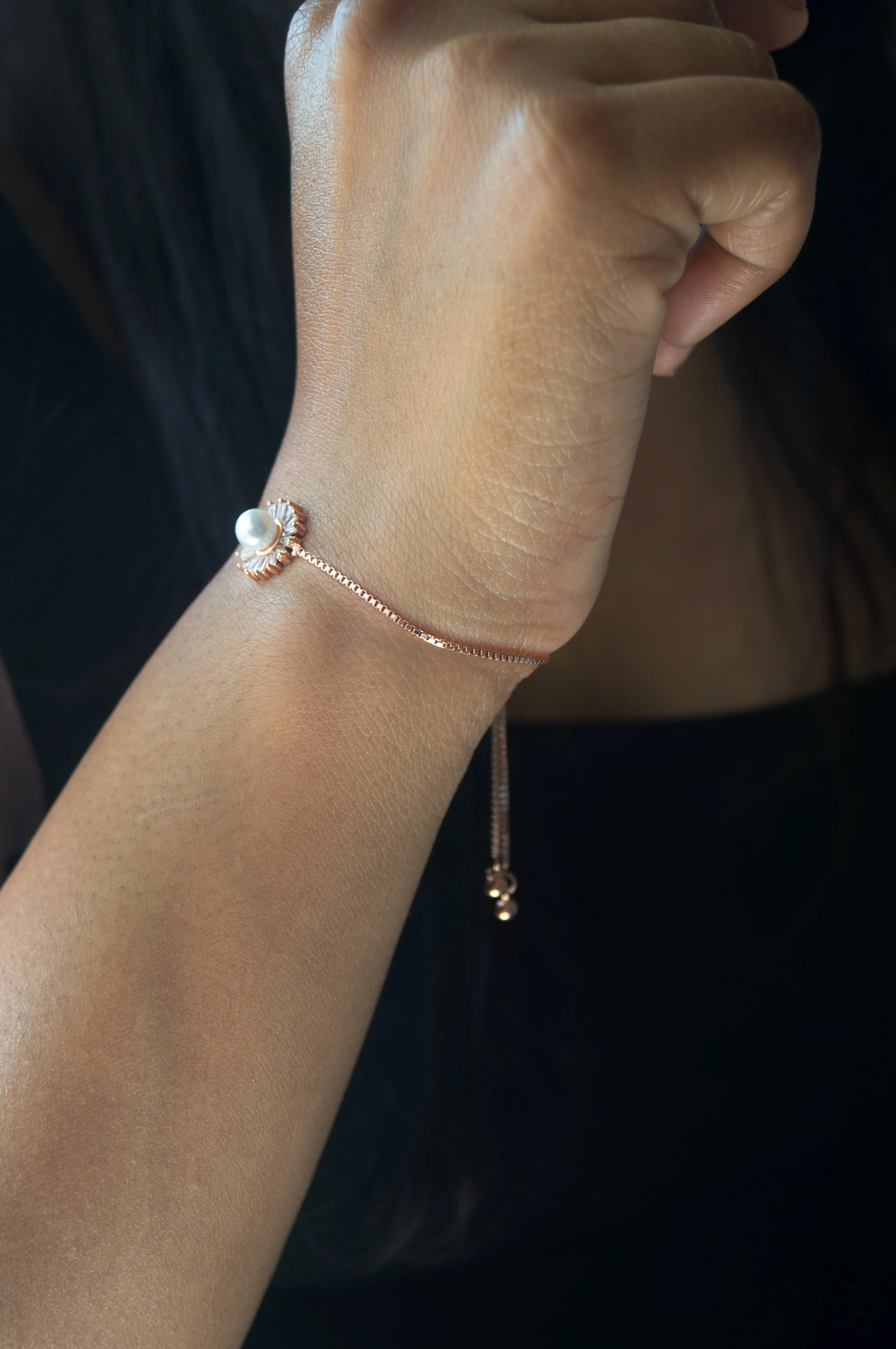 Pearl Baguette Rays Rose Gold Plated Sterling Silver Pull Chain Bracelet