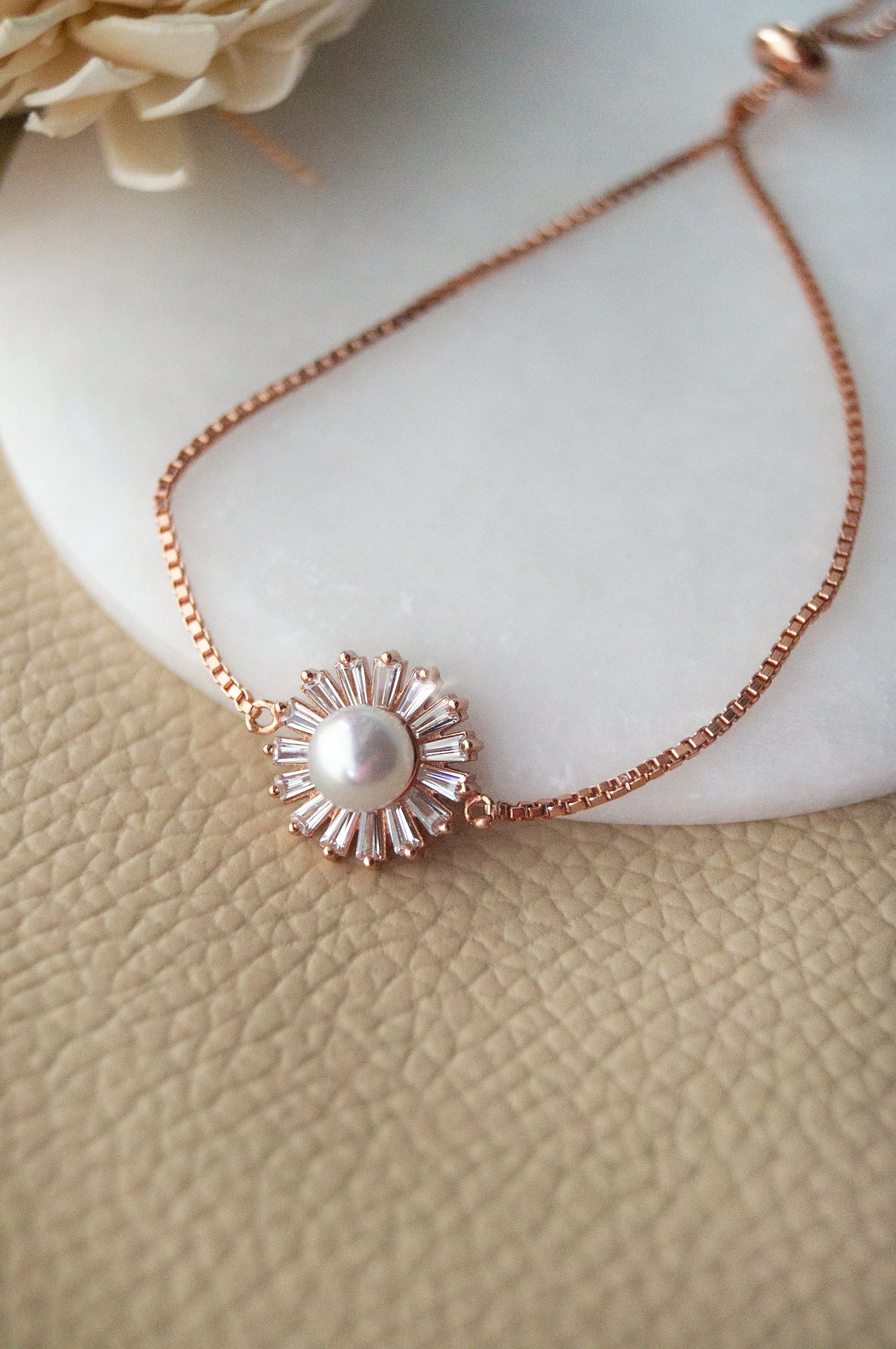Pearl Baguette Rays Rose Gold Plated Sterling Silver Pull Chain Bracelet