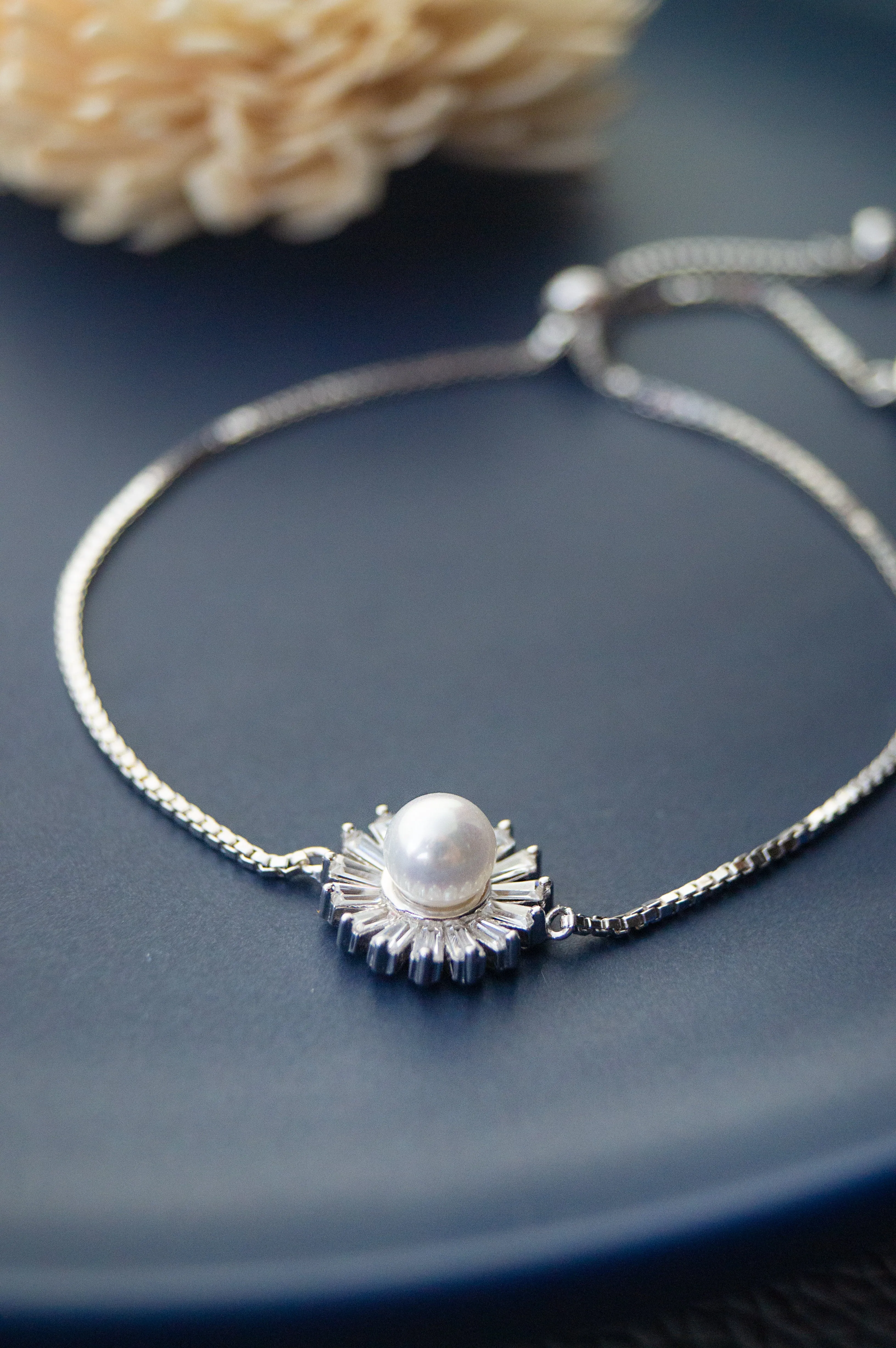 Pearl Baguette Rays Rose Gold Plated Sterling Silver Pull Chain Bracelet