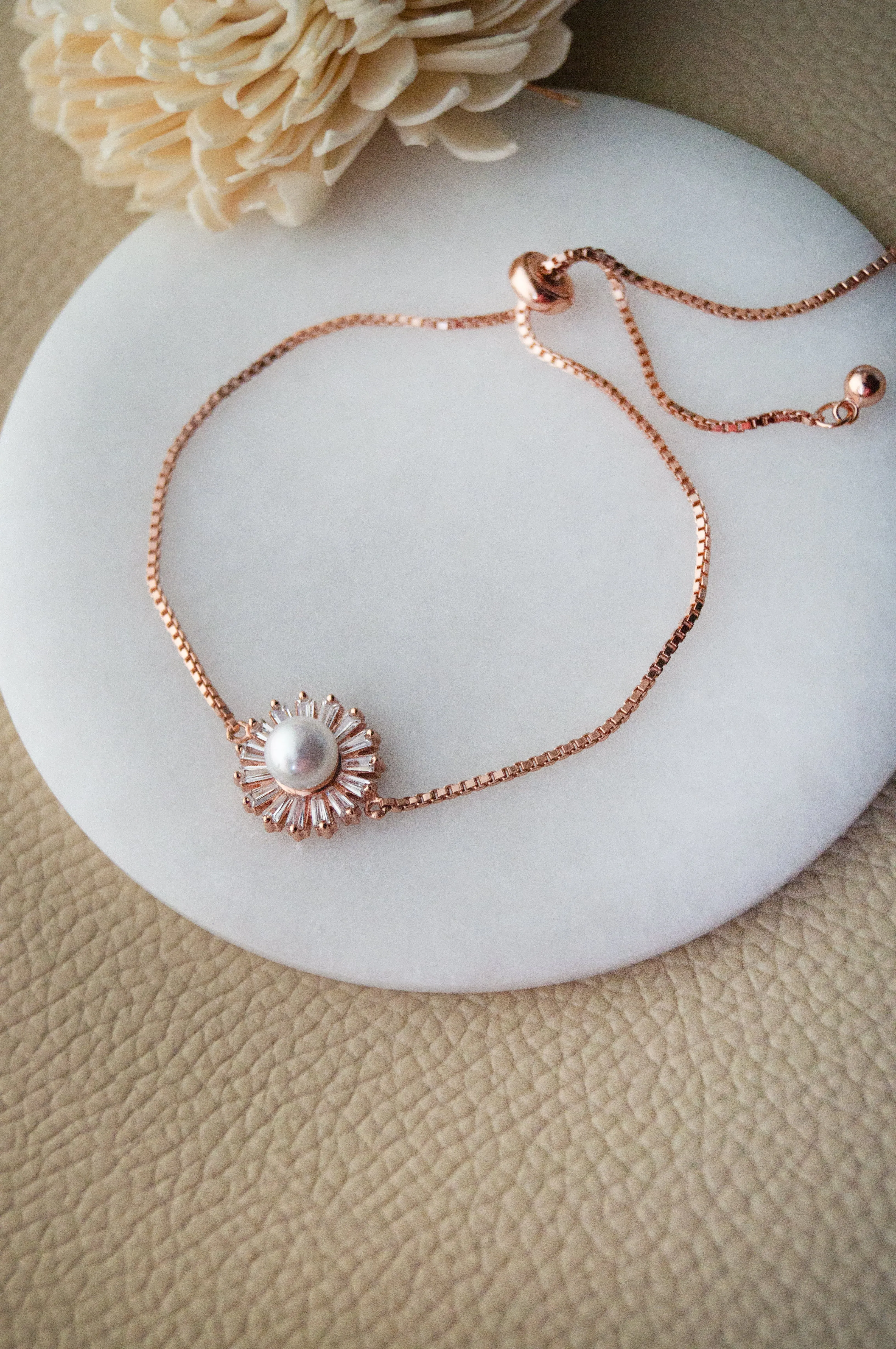 Pearl Baguette Rays Rose Gold Plated Sterling Silver Pull Chain Bracelet