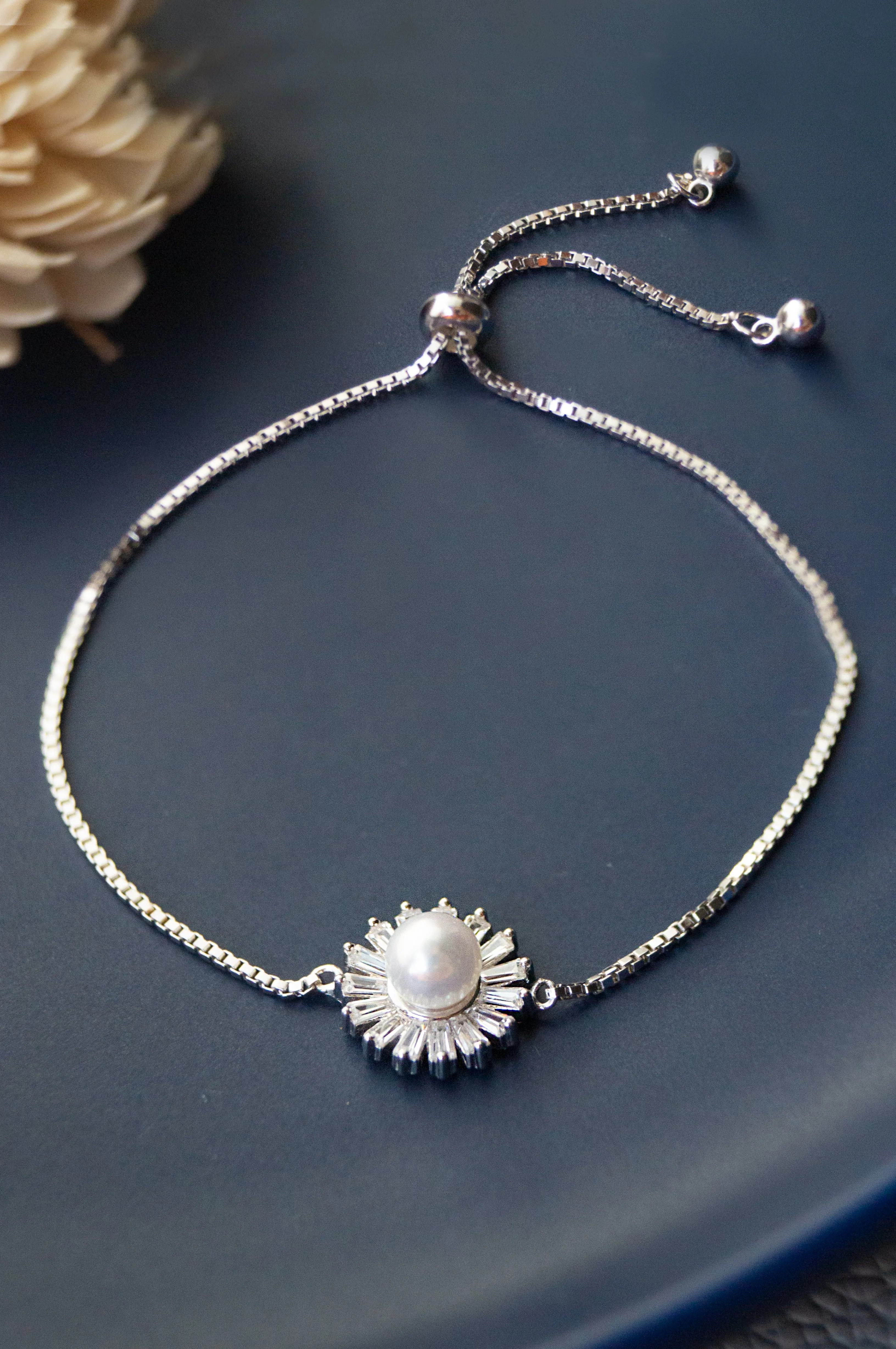 Pearl Baguette Rays Rose Gold Plated Sterling Silver Pull Chain Bracelet