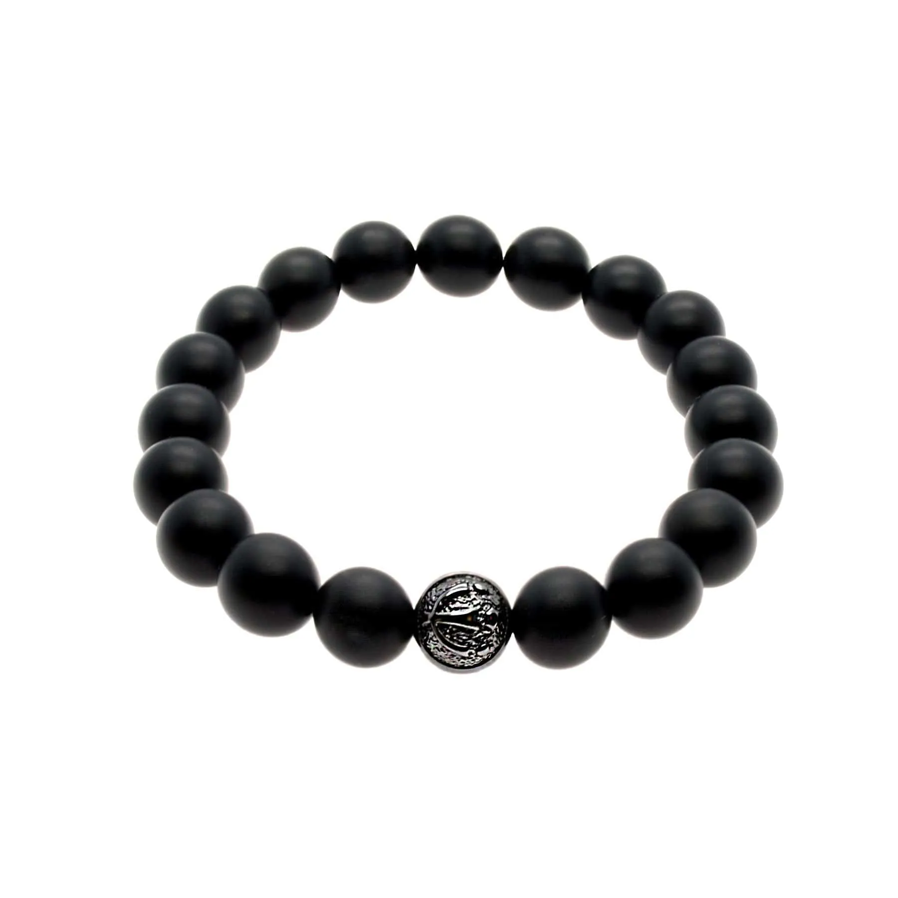 Powerful Matte Black Onyx Stretch Bracelet With Rhodium/Silver Trident | 10MM