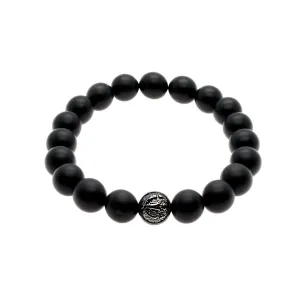 Powerful Matte Black Onyx Stretch Bracelet With Rhodium/Silver Trident | 10MM